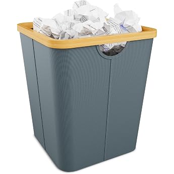 Office Waste Paper Bin Bamboo Rubbish Bin Oxford Fabric Paper Bin Square Paper Bin Grey Waste Bin for Home Office/Study/Desk Area