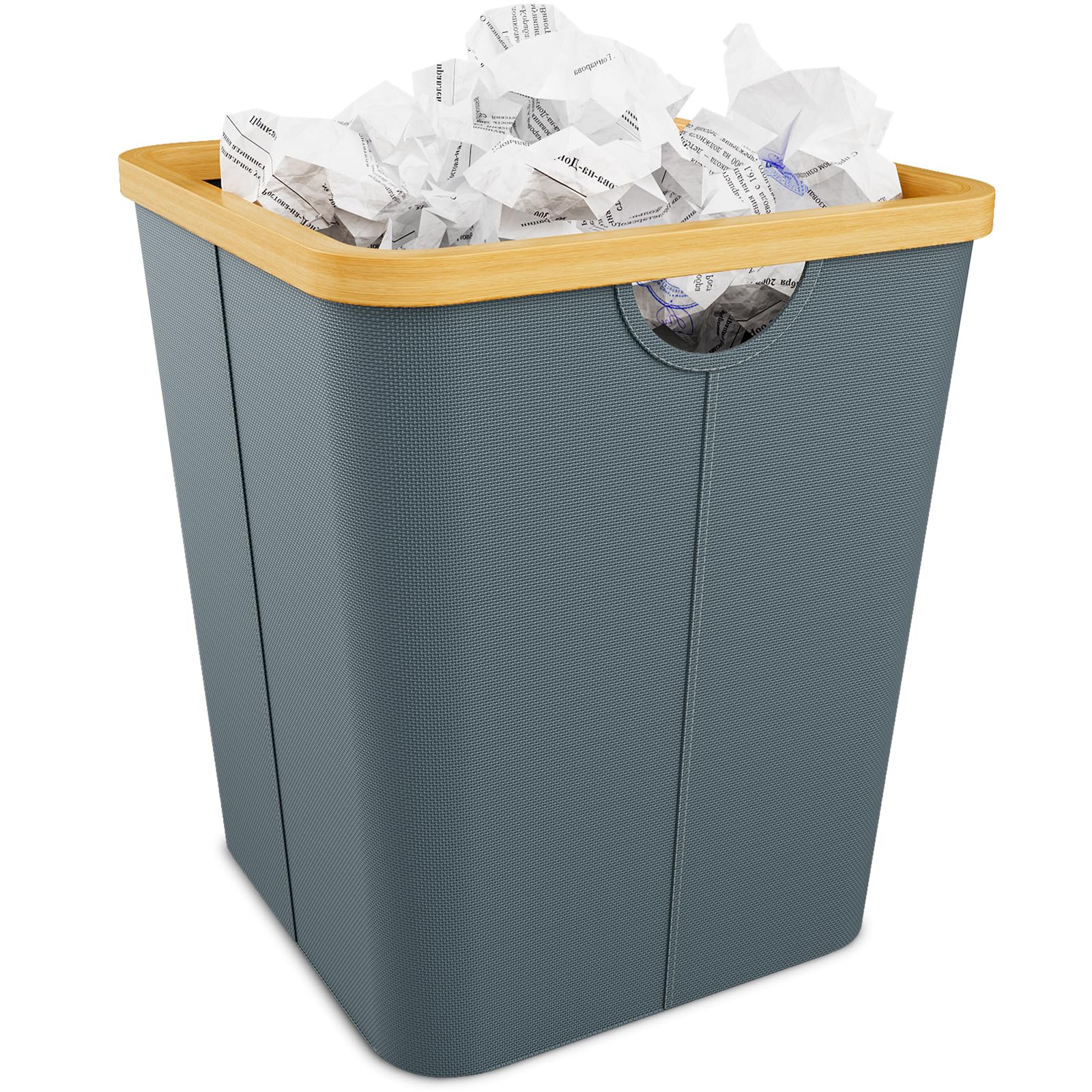 Vireon Waste Paper Bin with Bamboo Frame 30L Waste Basket with Oxford Fabric - Desk Bins for Office & Home Accessories (Grey, Square, 30, Litres)