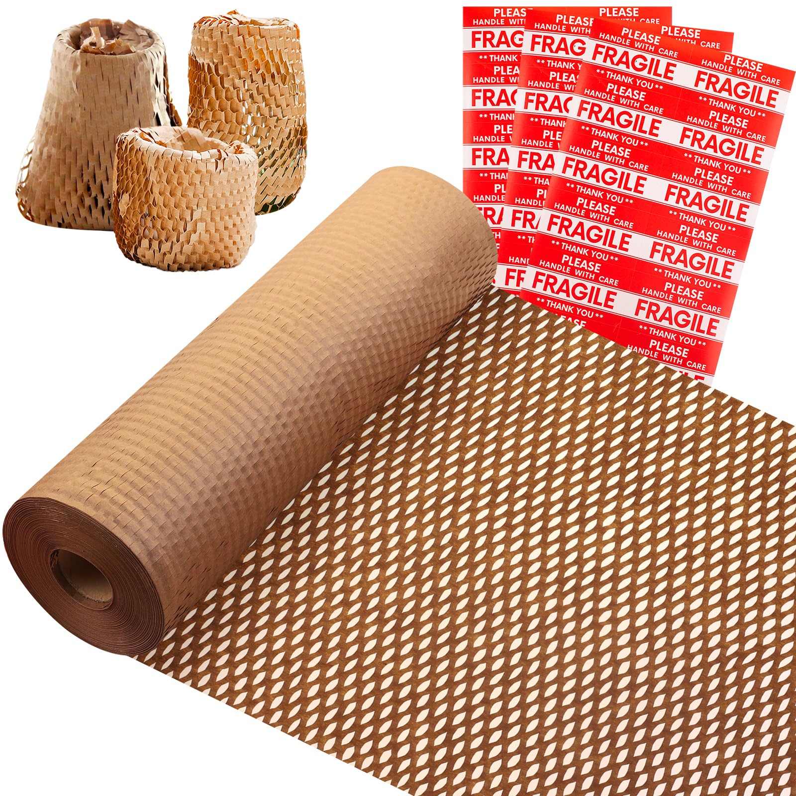 Rollo de papel de panal de abeja 38 cm x 70 m, Papel de embalaje marrón con 36 etiquetas adhesivas para artículos frágiles, alternativa al papel burbuja, para envolver regalos y artículos frágiles