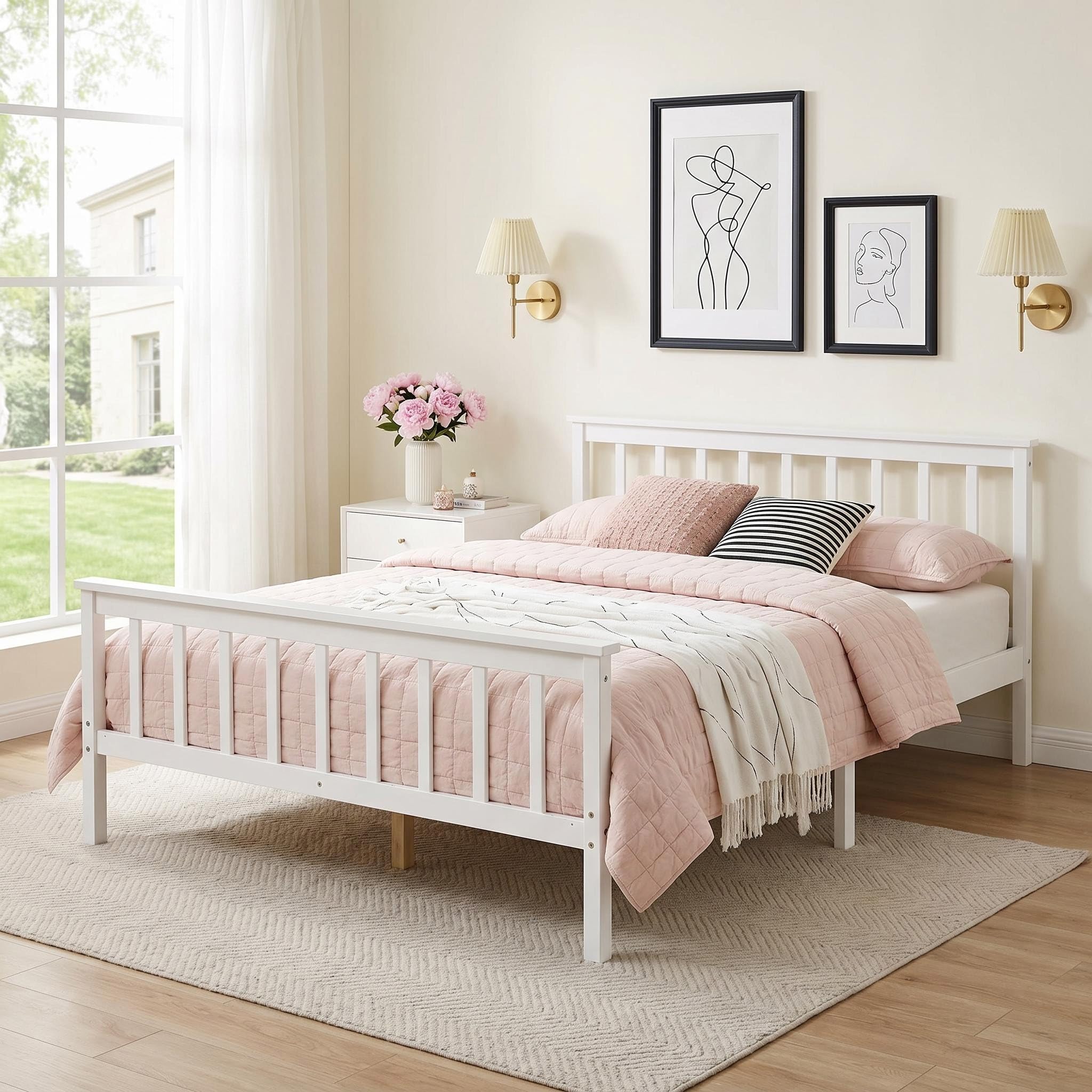 Panana Double Bed Frame Wooden 4FT6 Bed Thicked Slats Bed Room Furniture (White)