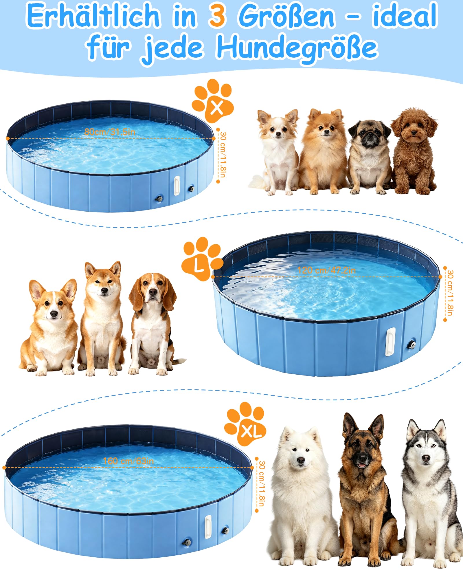 DEWEL Hundepool Faltbar Ø120 x 30 cm für mittelgroße Hunde | 5 mm verstärkte MDF-Struktur, Ideal zur Abkühlung, Zum Spielen im Wasser, Für Garten & Bad