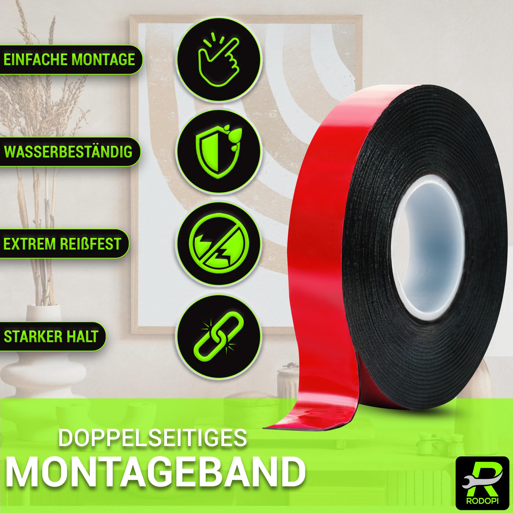 RODOPI Doppelseitiges Klebeband BlackFitting Klebeband Doppelseitig schwarz 19mm x 5m Montageband extra stark wasserfestes Spiegelklebeband ablösbar (50 Rollen)