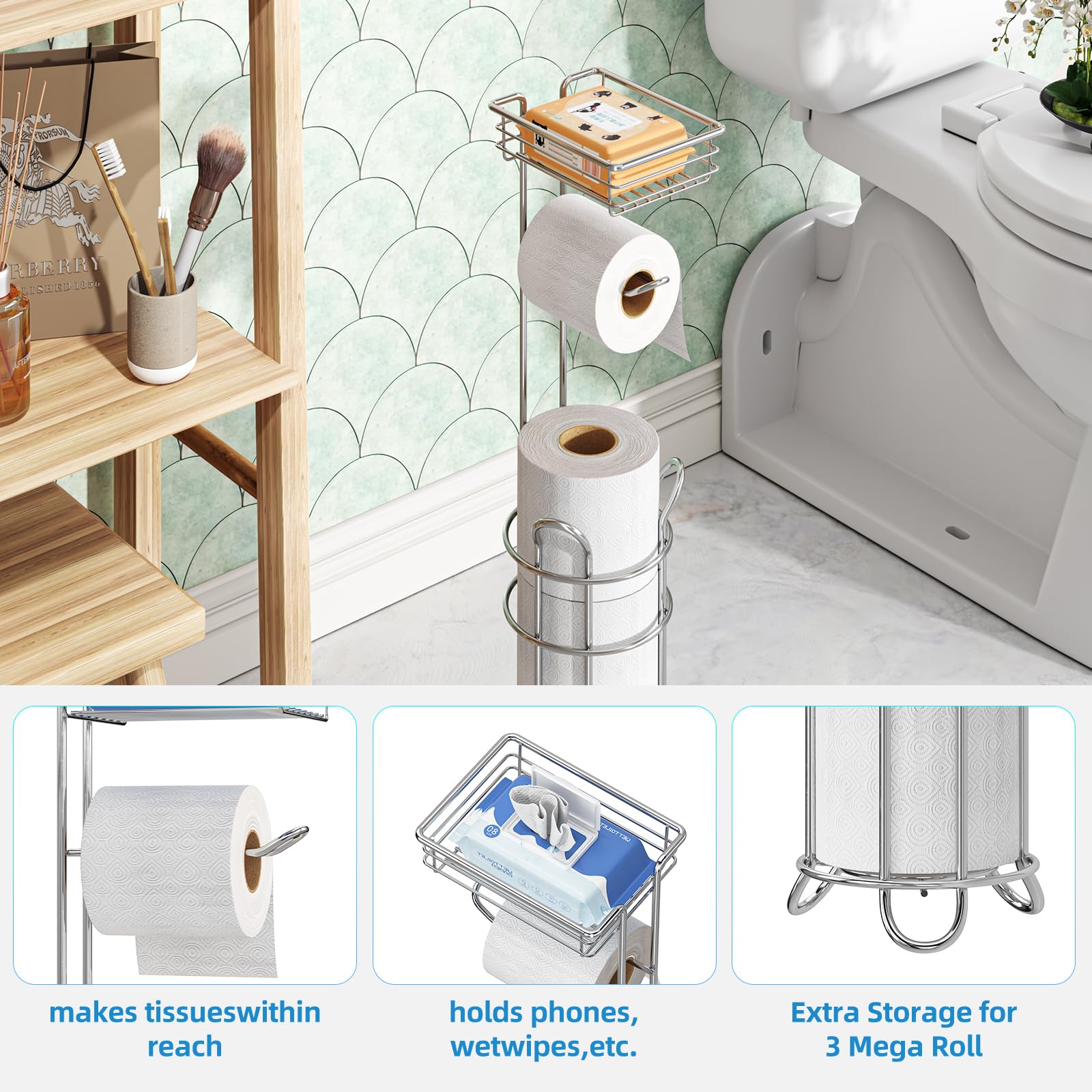 Simple Trending Toilet Paper Holder Stand with Shelf for 4 Rolls — Amazon image 3