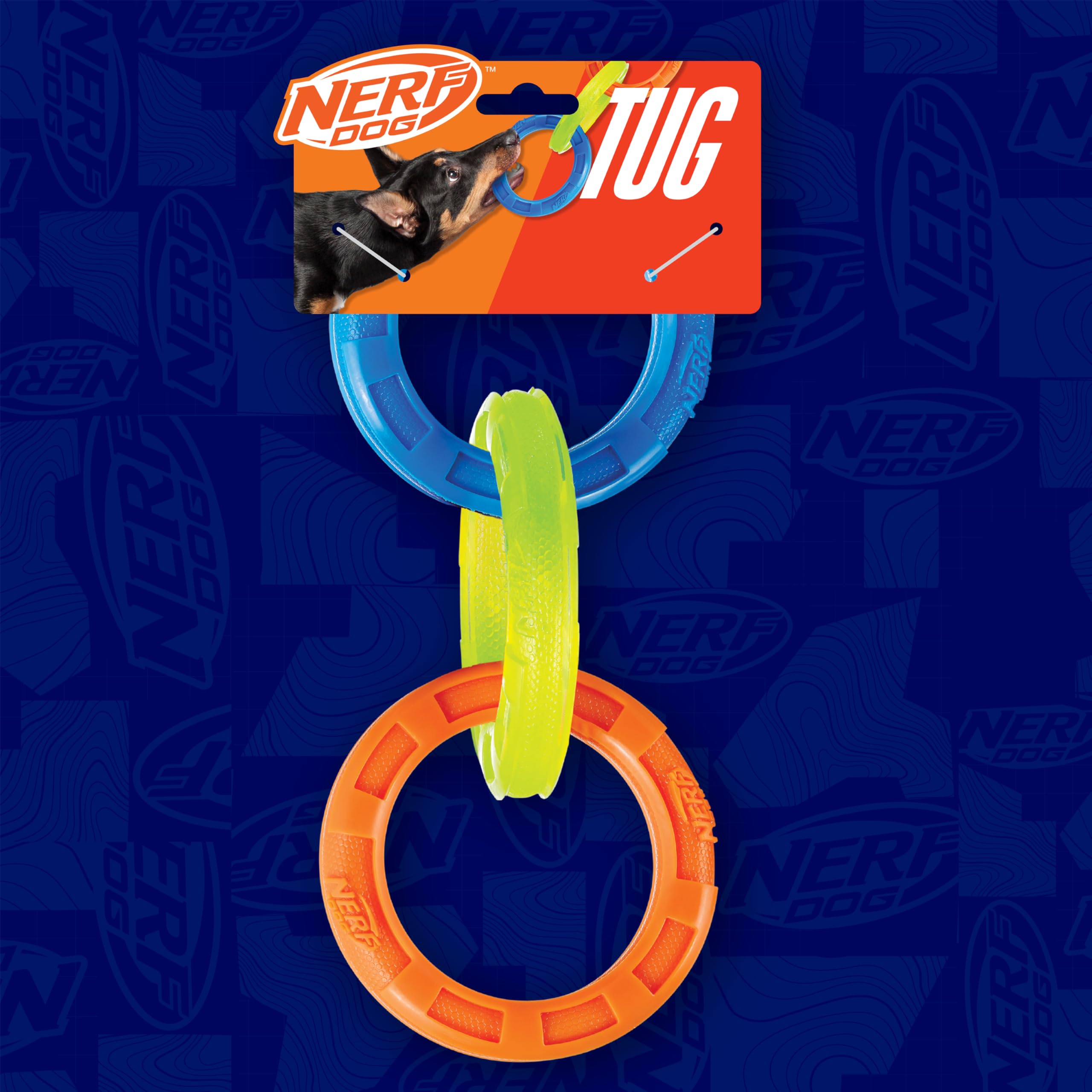 Nerf Dog 29,2 cm 3-Ring-TPR-Zerrer, Hundespielzeug für Welpen, mittelgroße Hunde, interaktives Spielen, blau, grün und orange
