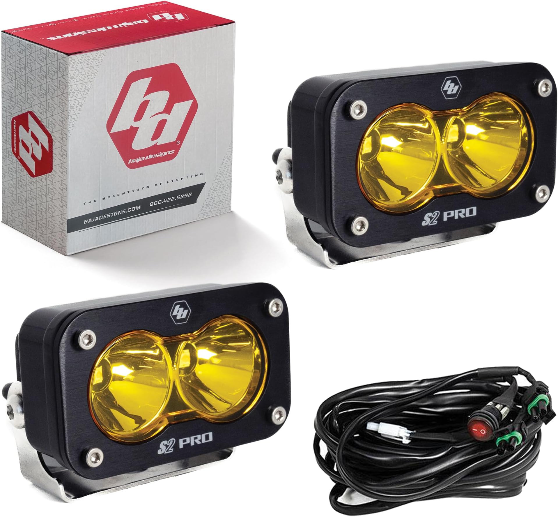 Baja Designs S2 Pro Black LED Auxillary Light Pods Pair - 2 PCS LED with Wiring Harness (Spot; Amber)