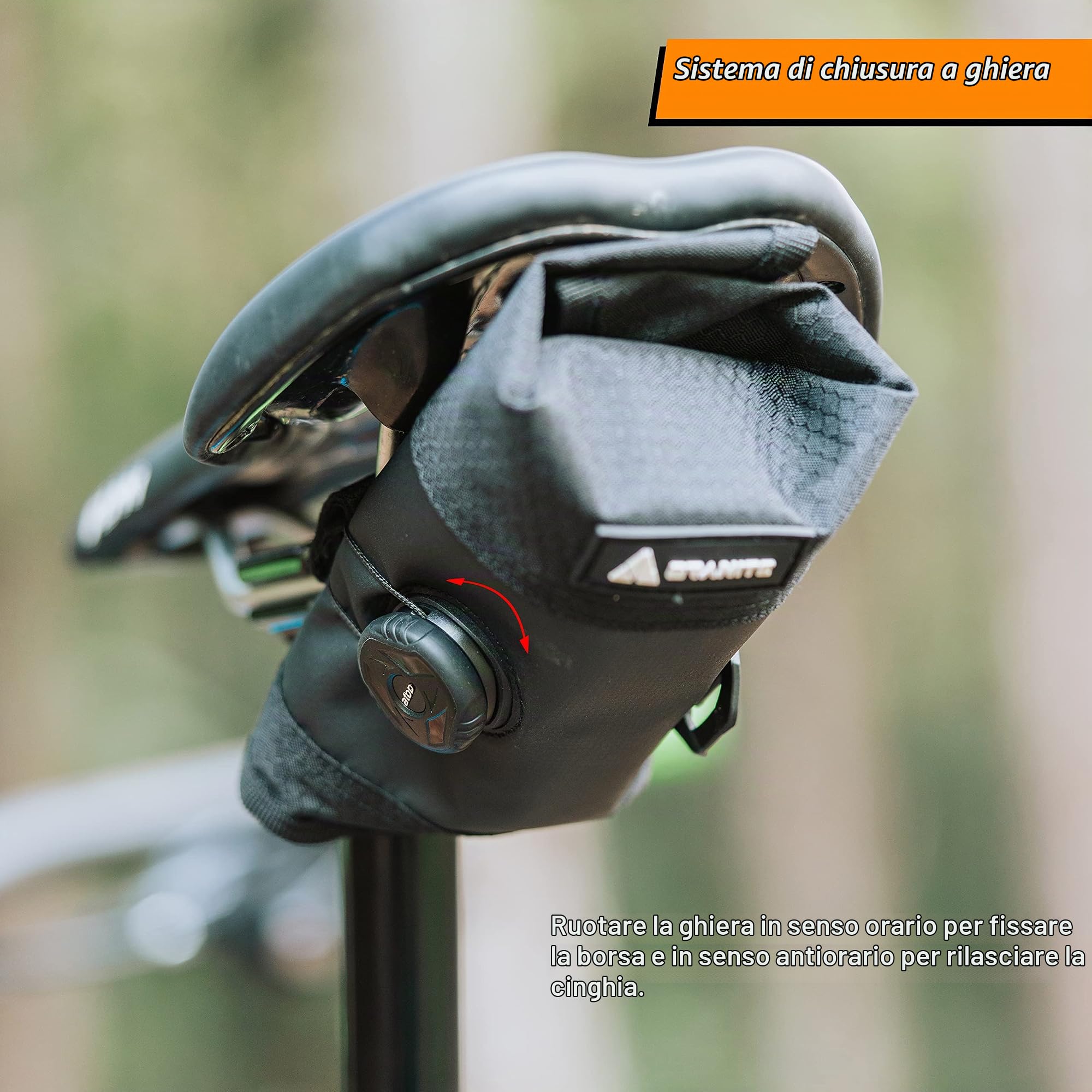 Granite Quiver Borsa Sottosella, Chiusura a Rotella, per Dropper | attacco sottosella a cricchetto, nylon, tre scomparti, tasca con zip, porta camera e attrezzi, 65g, MTB e gravel