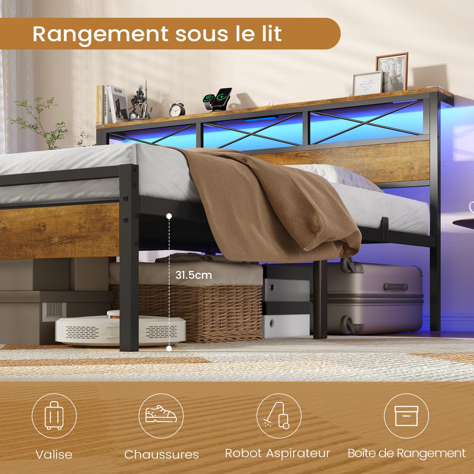 DICTAC Lit 160x200 avec Multiprise et Éclairage LED, Lit 2 Personnes avec Tête de Lit Rangement, Cadre de lit 160x200 en métal, Marron Vintage- Montage Facile
