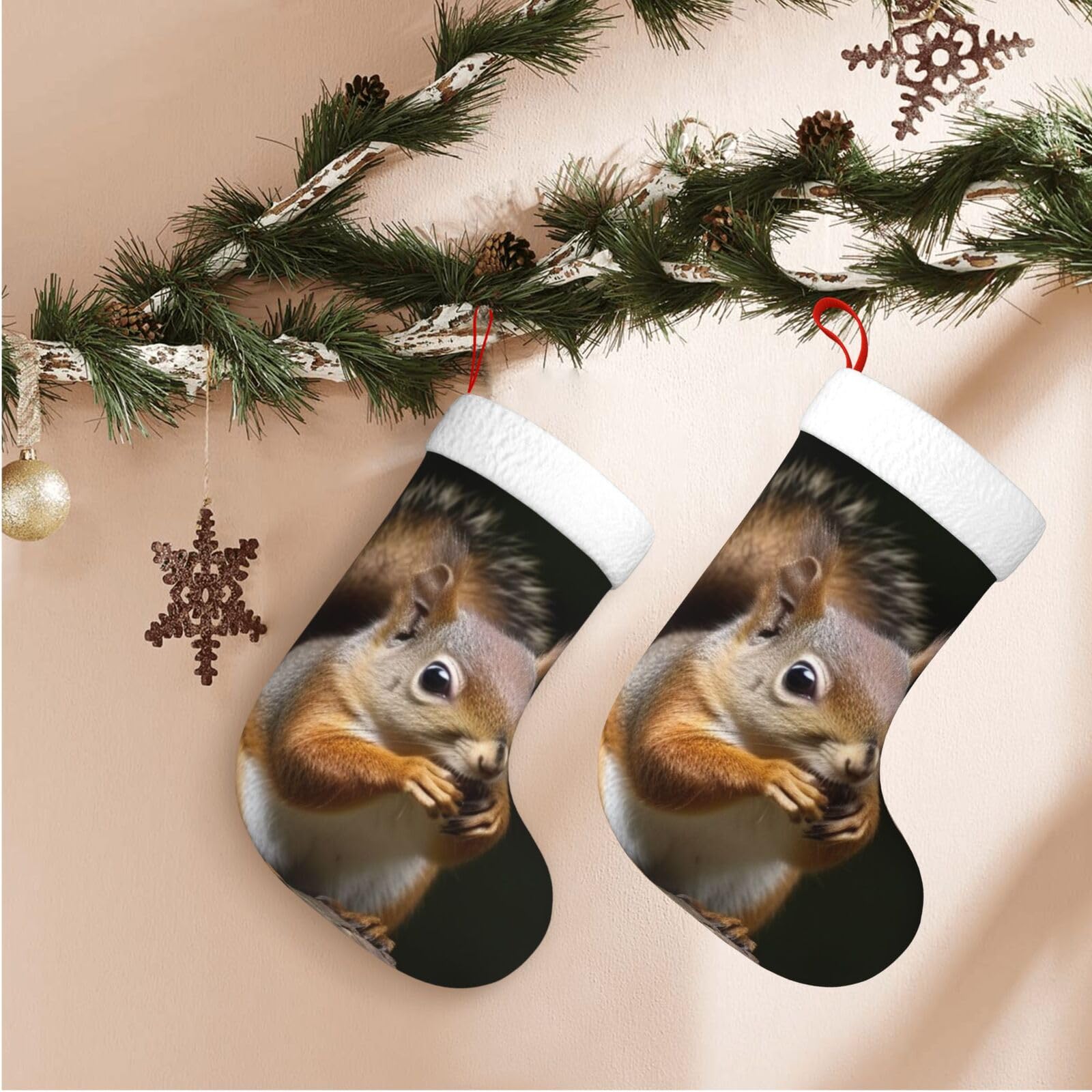 17.7" Christmas Stocking 1 Piece, Squirrel Animal Xmas Stockings with White Plush Cuff Fireplace Hanging Stocking for Christmas Holiday Party Decoration
