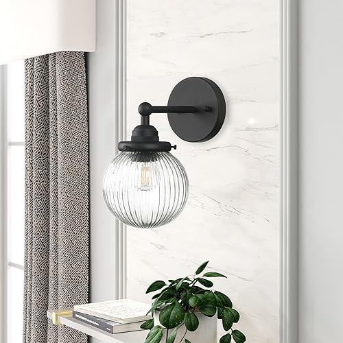 Miniatura 5 de Yosoan Lámpara de pared de 1 luz, estilo vintage, industrial, retro, a rayas, redonda, de vidrio, lámpara de pared para cocina, sala de estar (negro)