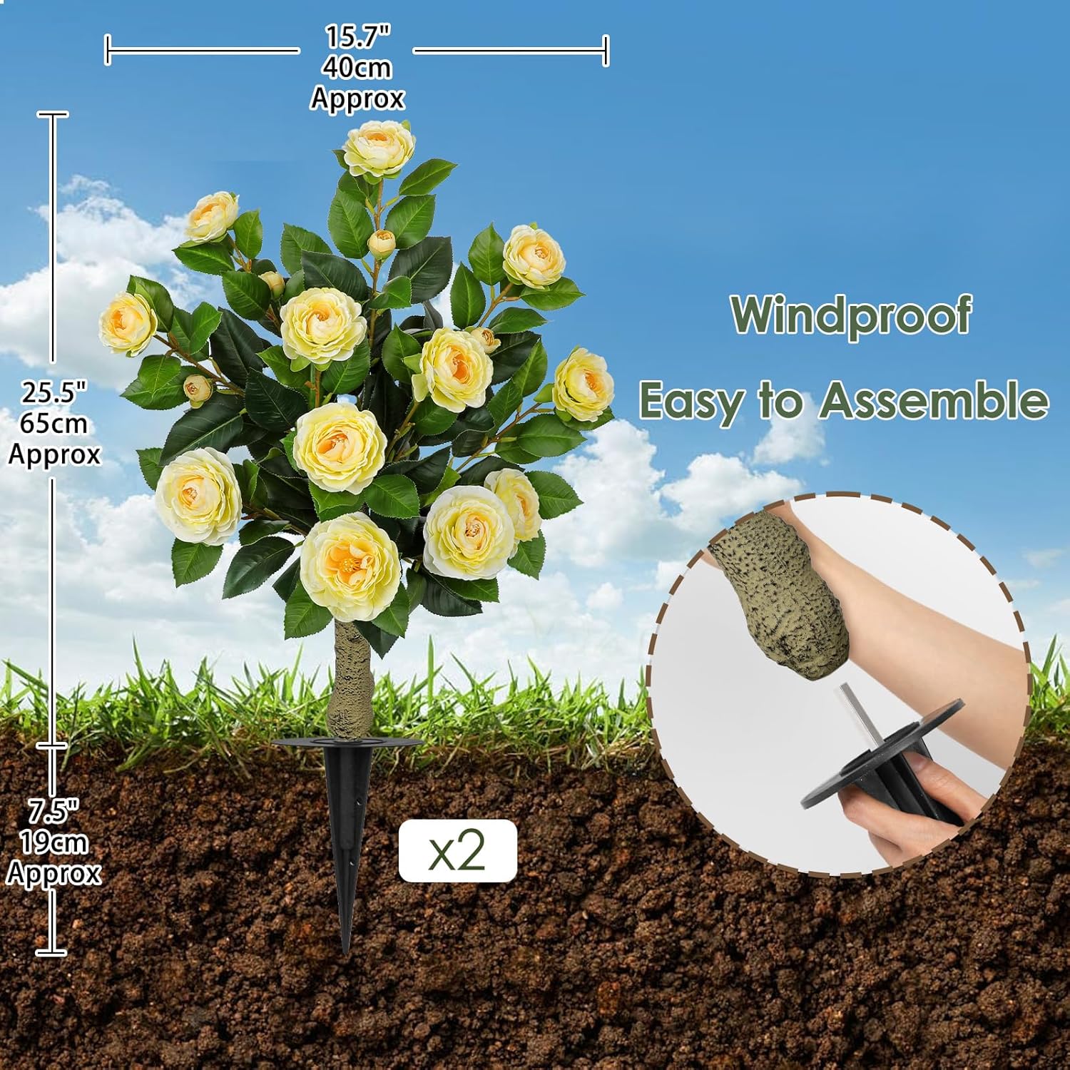 33" Artificial Camellia Tree with Ground Spike, Faux Bushes Plants with Fake Flowers, 2 Pack Realistic Blooming Shrubs for Front Porch Pots, Patio Yard Landscape, Outdoor Garden Walkway Decor, Yellow
