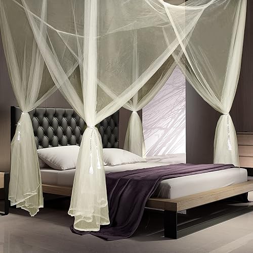 4 Corner Post Mosquito Net Canopy Bed Curtains Large Mosquito Netting Bedroom Princess Decoration Canopy Curtains with 4 Pieces Tassel Hanging Pendants for Full Queen King Size Bed(Beige)
