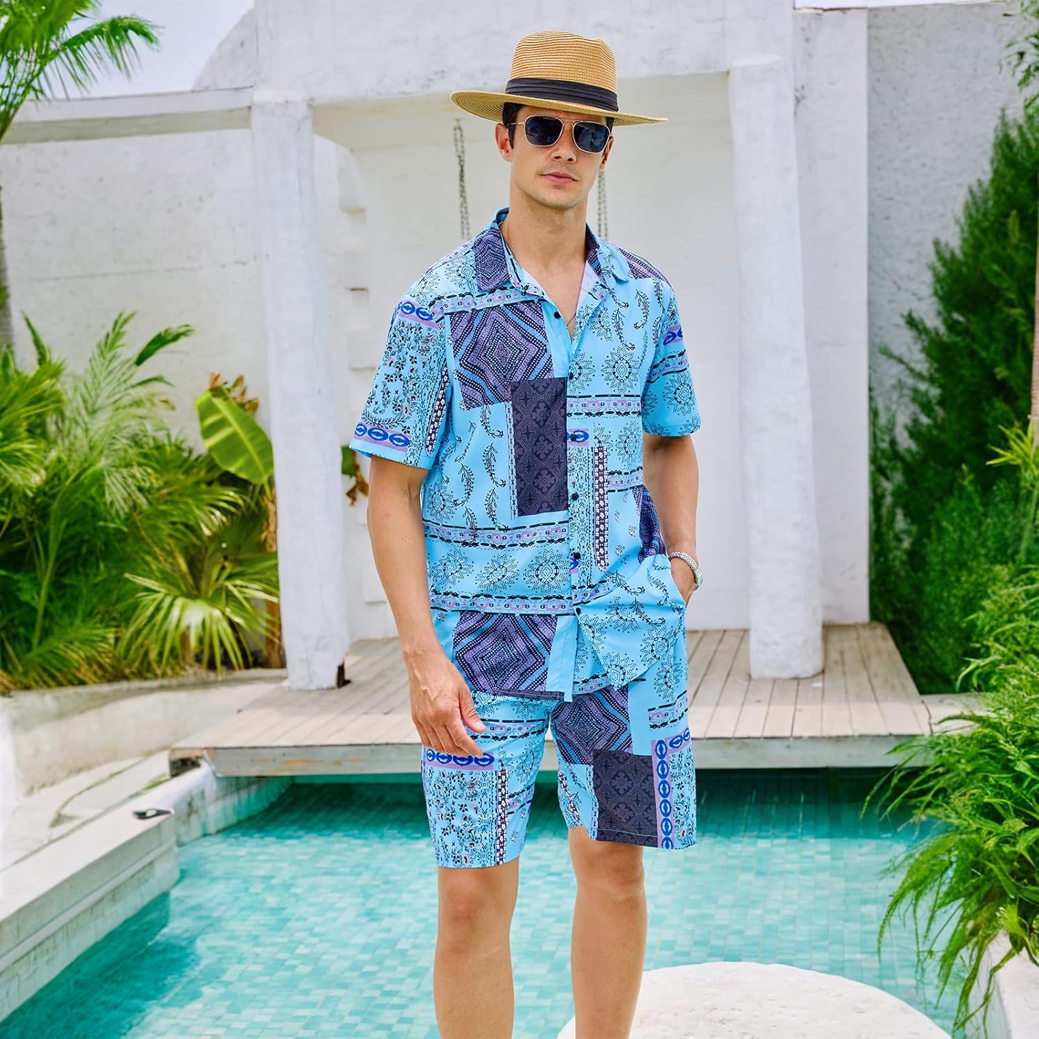 Men’s Summer 2 Piece Set – Short Sleeve Button Shirt & Drawstring Shorts Paisley Print Beachwear - Image 5