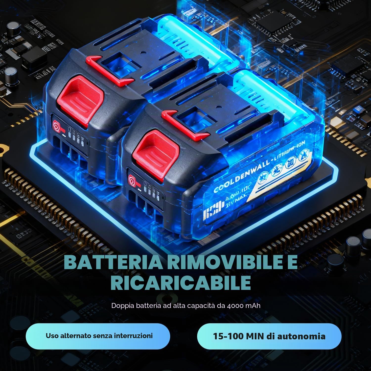 CGOLDENWALL Soffiatore a Batteria 21V, Soffiatore Foglie con 2 Batterie da 4.0 Ah, Motore da 60000 giri/min, 4 Velocità Regolabili, Portatile per Giardino, Patio, Auto e Pulizia della Neve