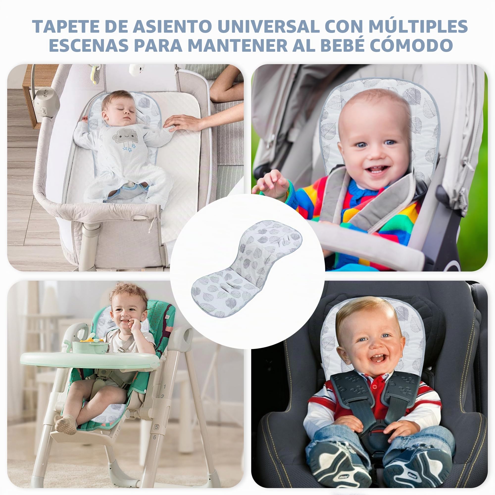 LAT Colchoneta Silla Paseo, Almohadilla Reversible para Cochecitos, Cojín Doble Cara para Silla de Auto y Carrito, Suave y Transpirable, Funda Universal para Bebés y Niños Pequeños (Hoja Gris)