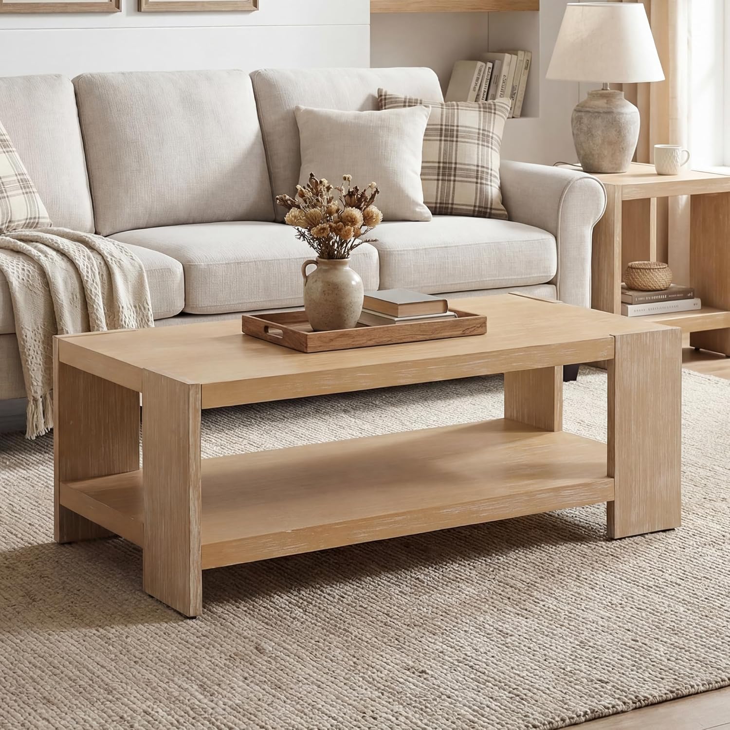 Wood Coffee Table for Living Room, 47" Rectangular Coffee Table with 2-Tier Storage Shelf, Rustic Center Table for Living Room/Apartment/Home Office, Natural