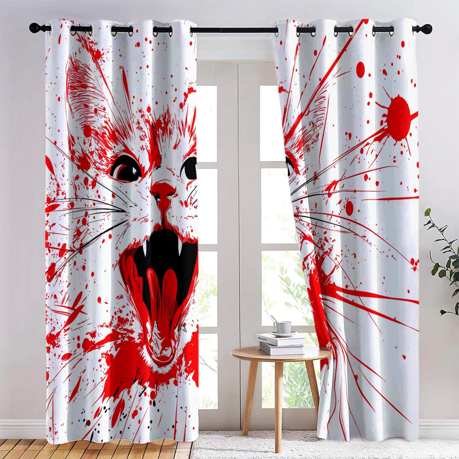 Horror Malowanie Rozbryzgowe Zasłony Zaciemniające Oczko Zasłony Przeciw Światłom Zaciemniające Termiczne Zasłony Izolowane termicznie, Do Salonu Sypialni, 2 sztuki, 140 x 245 cm, Biały