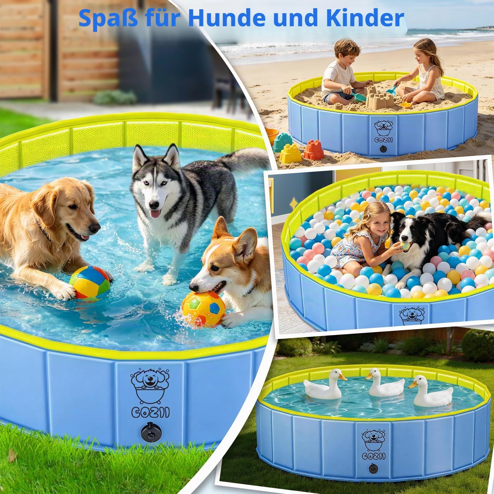 COZII Hundepool 160 x 30cm faltbare Hundebadewanne Planschbecken für Hunde Kinder rutschfest PVC mit Badebürste