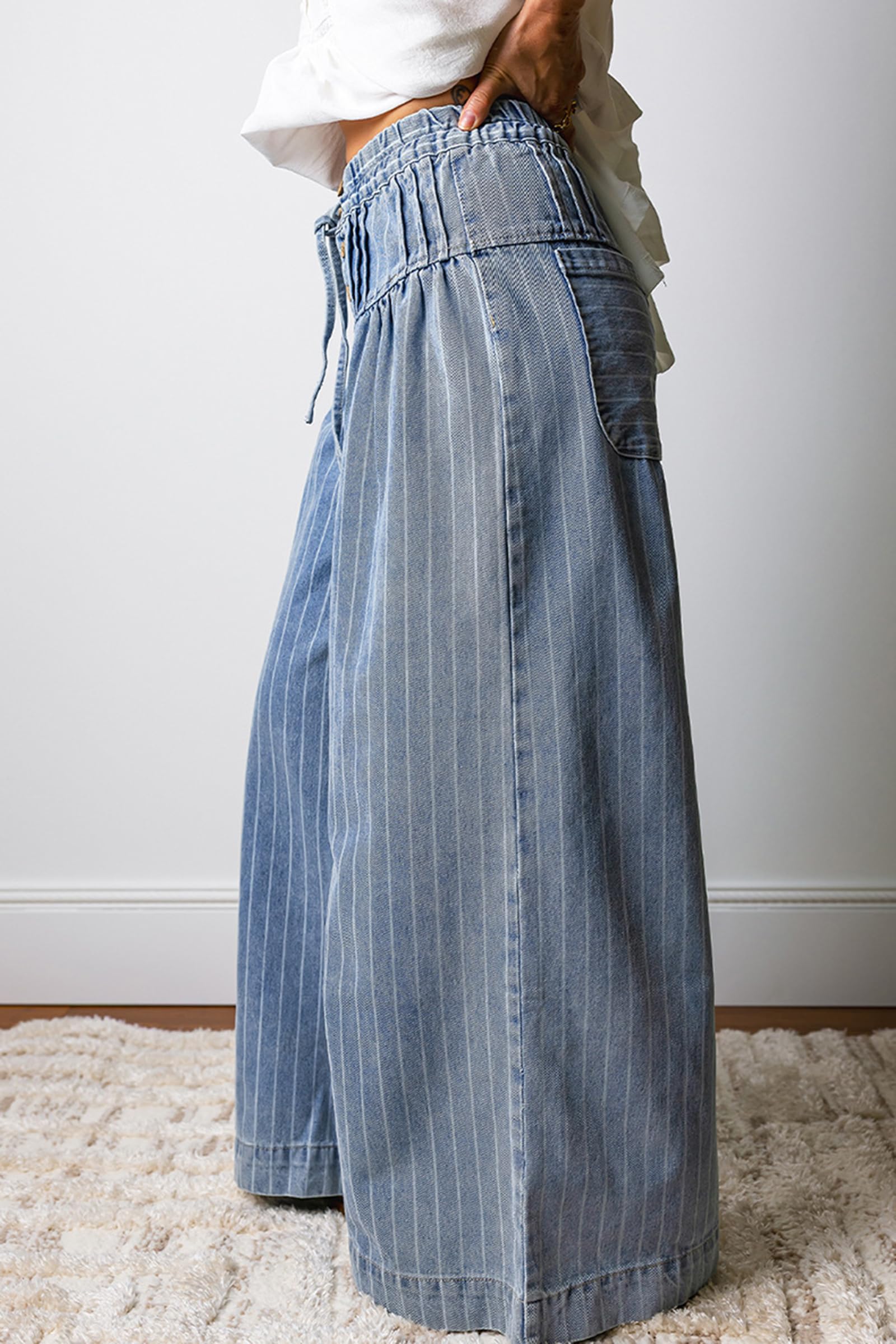 Jeans A Vita Alta A Campana da Donna con Fascia Elastica in Vita vestibilità Larga Stampa A Righe Pantaloni Denim A Gamba Larga