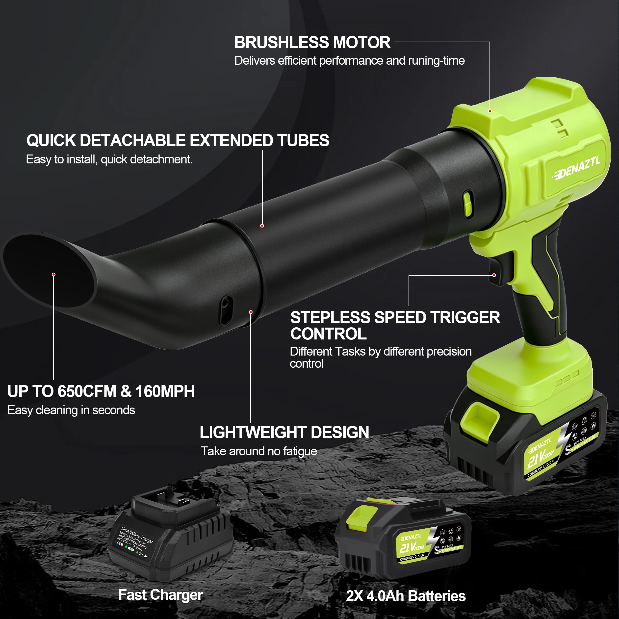 Soplador de hojas inalámbrico, soplador de hojas de mano de 500000 rpm, batería de 21 V 4.0 AH y cargador, sopladores de hojas ligeros para el cuidado del césped, limpieza de patio, soplar hojas