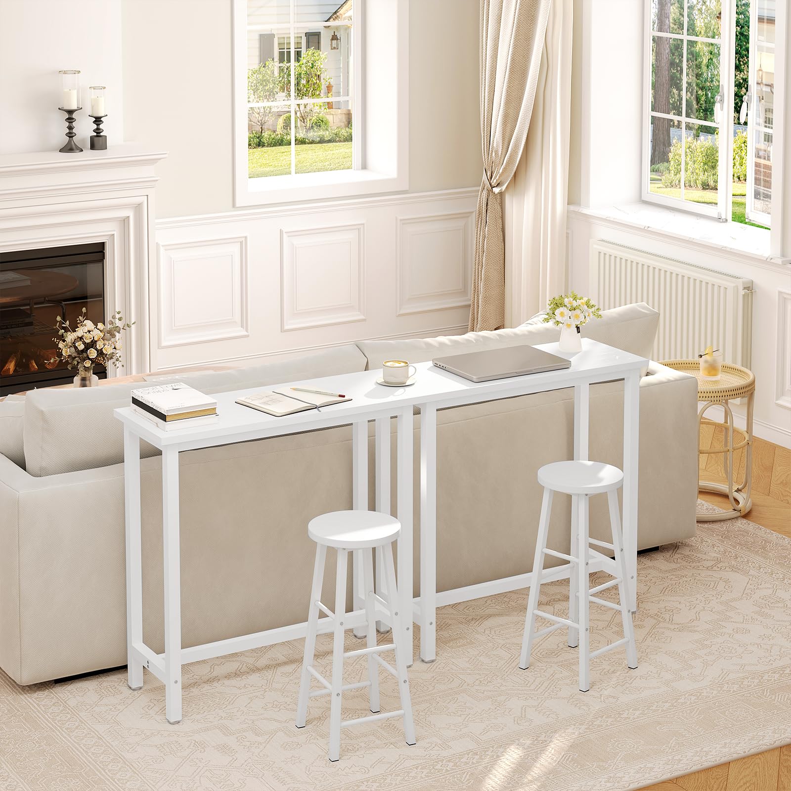 WOLTU Table Bar avec 2 Tabourets Ronds Hauts, Ensemble Table et Tabourets Industriels, pour Bar, Salle à Manger, Îlot de Cuisine, avec Structure en Métal, Blanc
