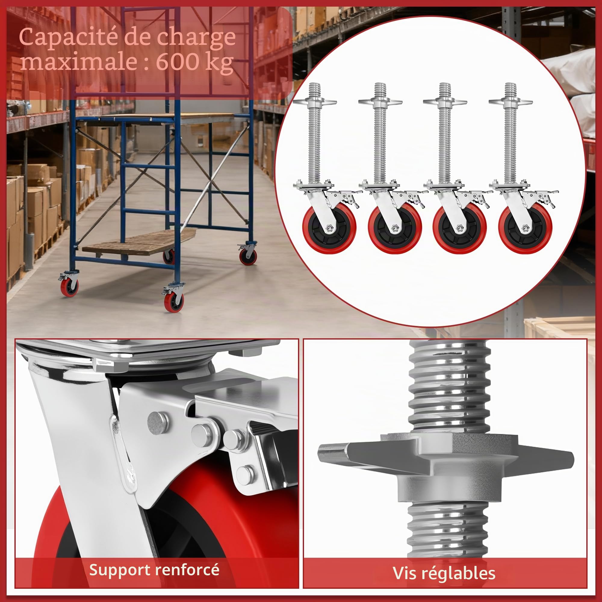 Lot de 4 roues d'échafaudage avec frein - Pieds réglables - Roue en caoutchouc robuste de 15,2 cm pour tour d'échafaudage