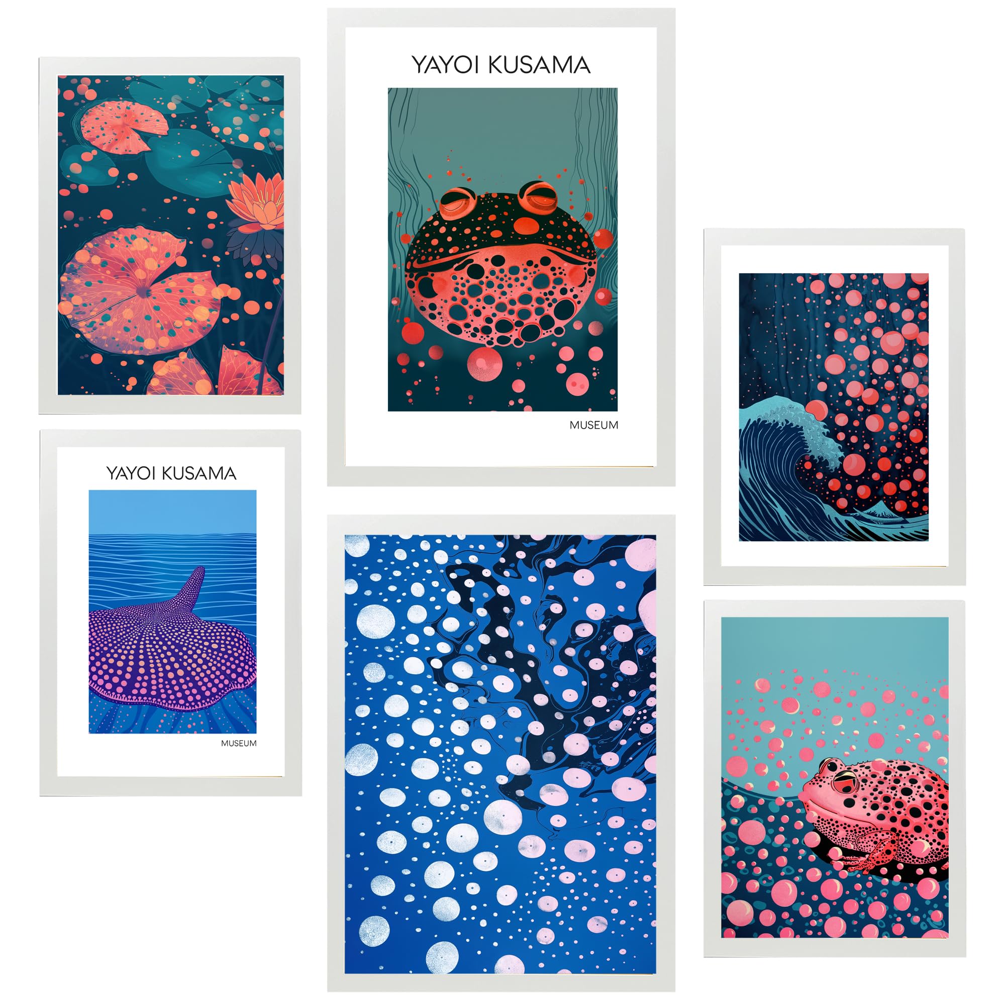 Nacnic Set of 6 Yayoi Kusama Fish Water Nature Blue Japanise Framed prints with design illustration to decorate walls of home. Room, office, shop, business. A3 and A4 size White Frame