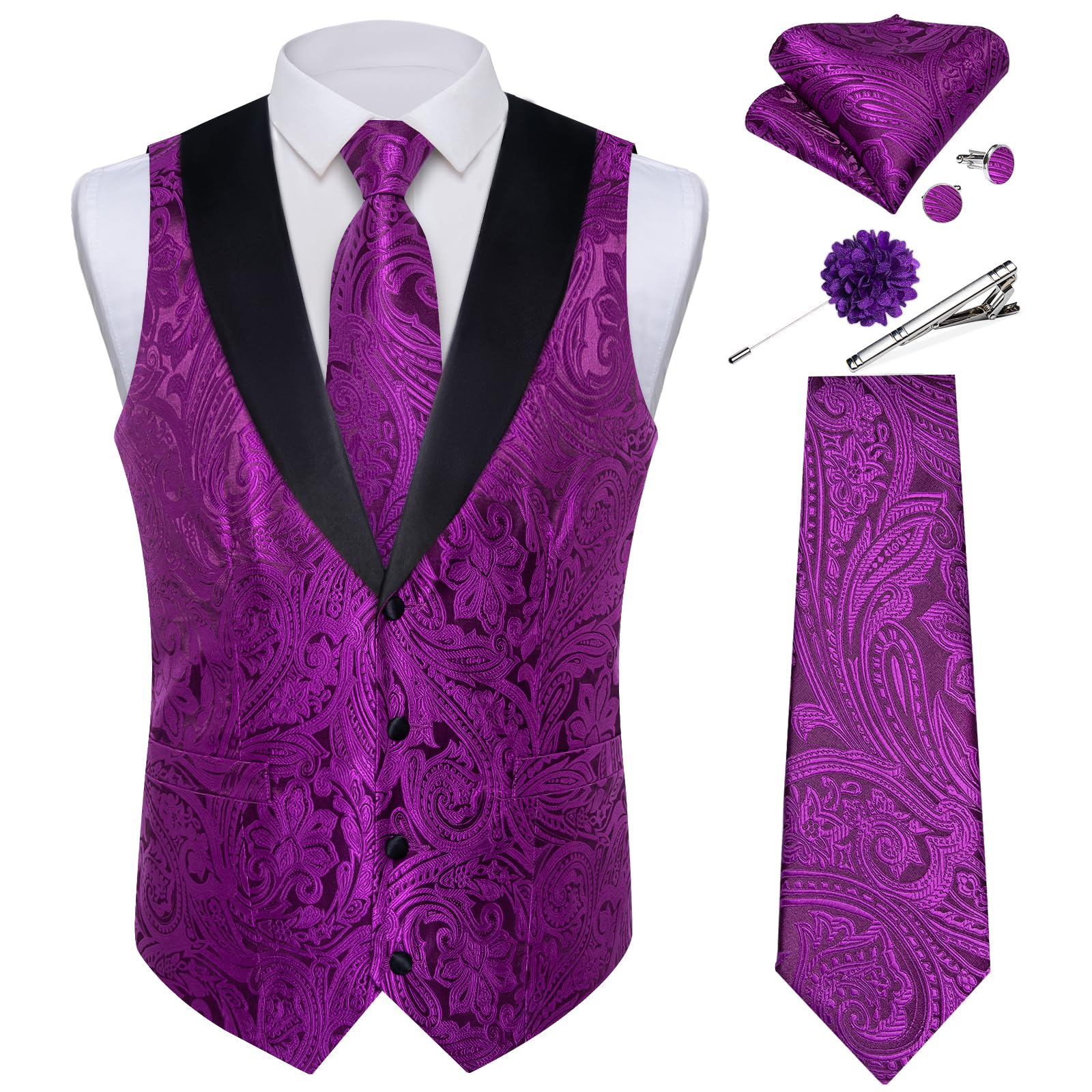 DiBanGu Mens Paisley Suit Vest Silk Jacquard Waistcoat and Necktie Set Formal Shawl Collar Dress Vest 7PCS for Wedding Party