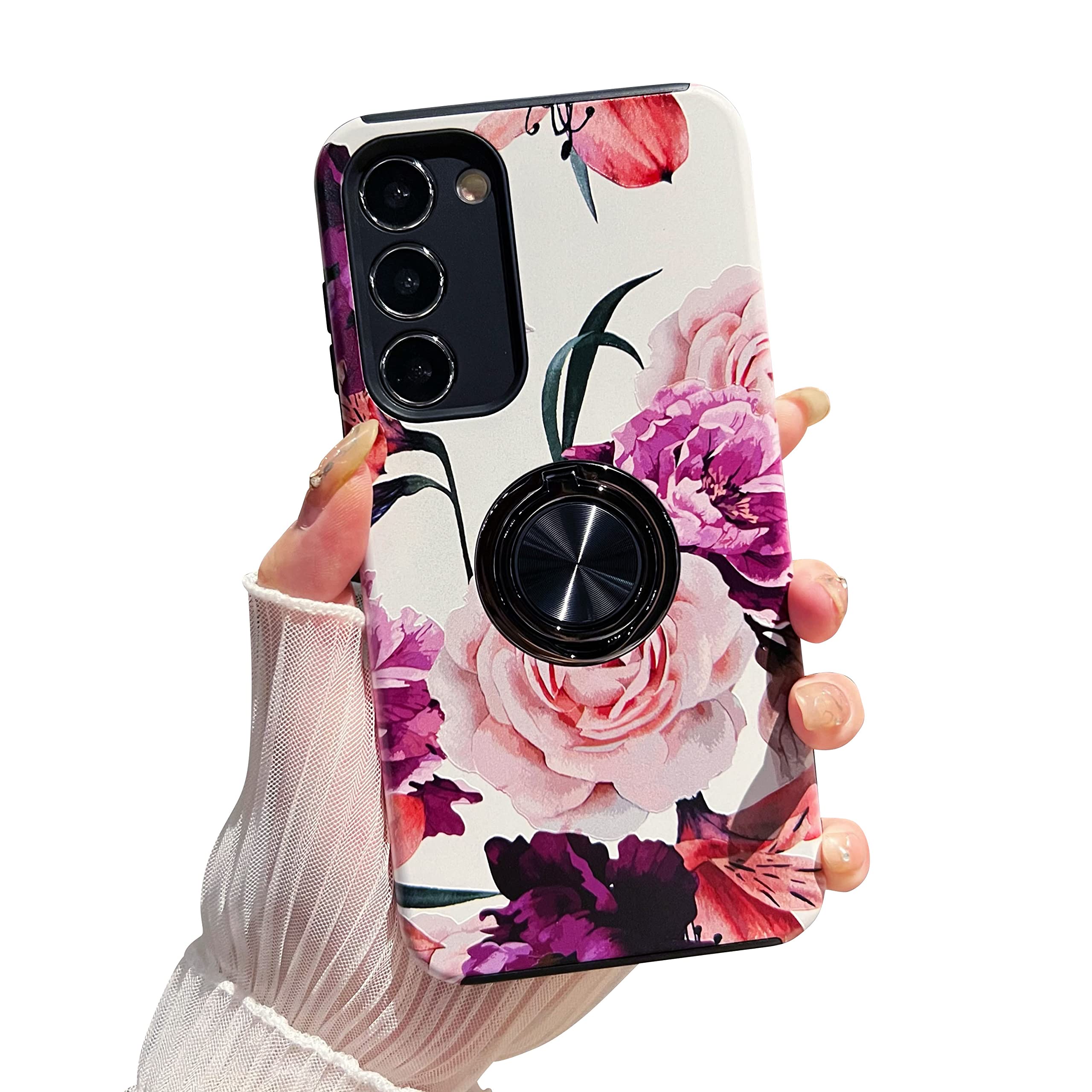 Samsung Galaxy S23 Case with Kickstand, S23 Camera Lens Protector Cute Flowers Design Rugged Heavy Duty Hybrid Protective Phone Case for Samsung Galaxy S23 5G 6.1inch (Peony)