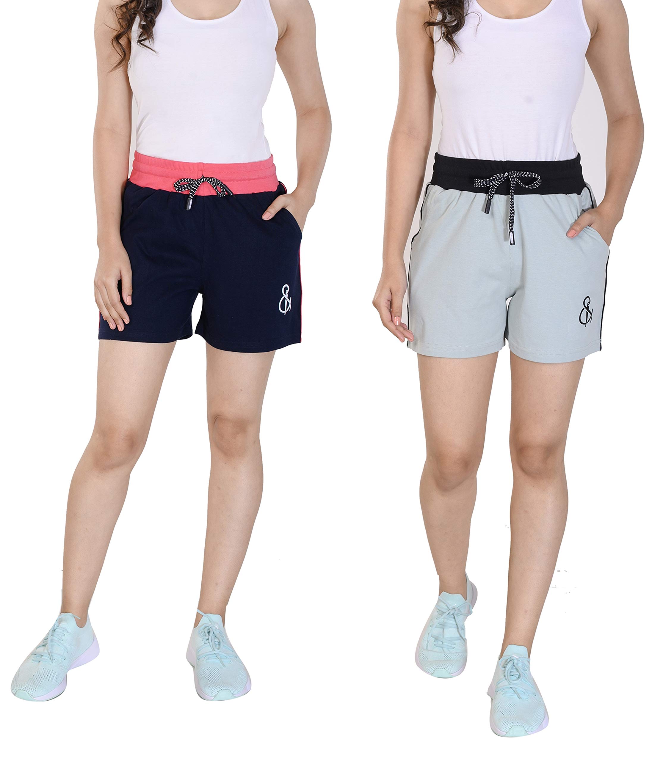 styleaone Women's Cotton Dark Blue, Pink & Silver, Black Basic Shorts (Pack of 2)-picture-11