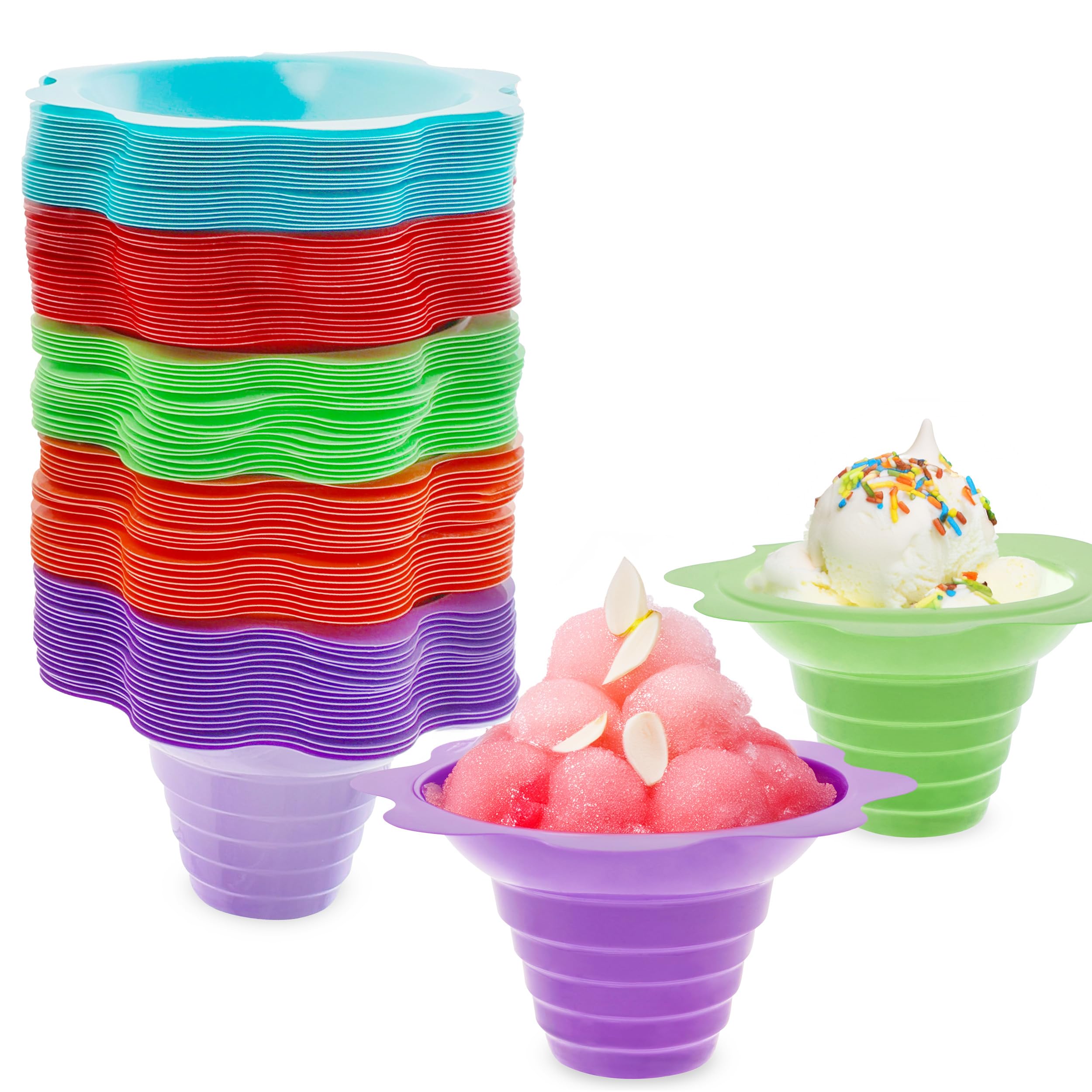 Lot45Snow Cone Bowls - Reusable Colorful Plastic 100pc Shaved Ice Flower Cups - Holds 4oz of Desserts and Snacks