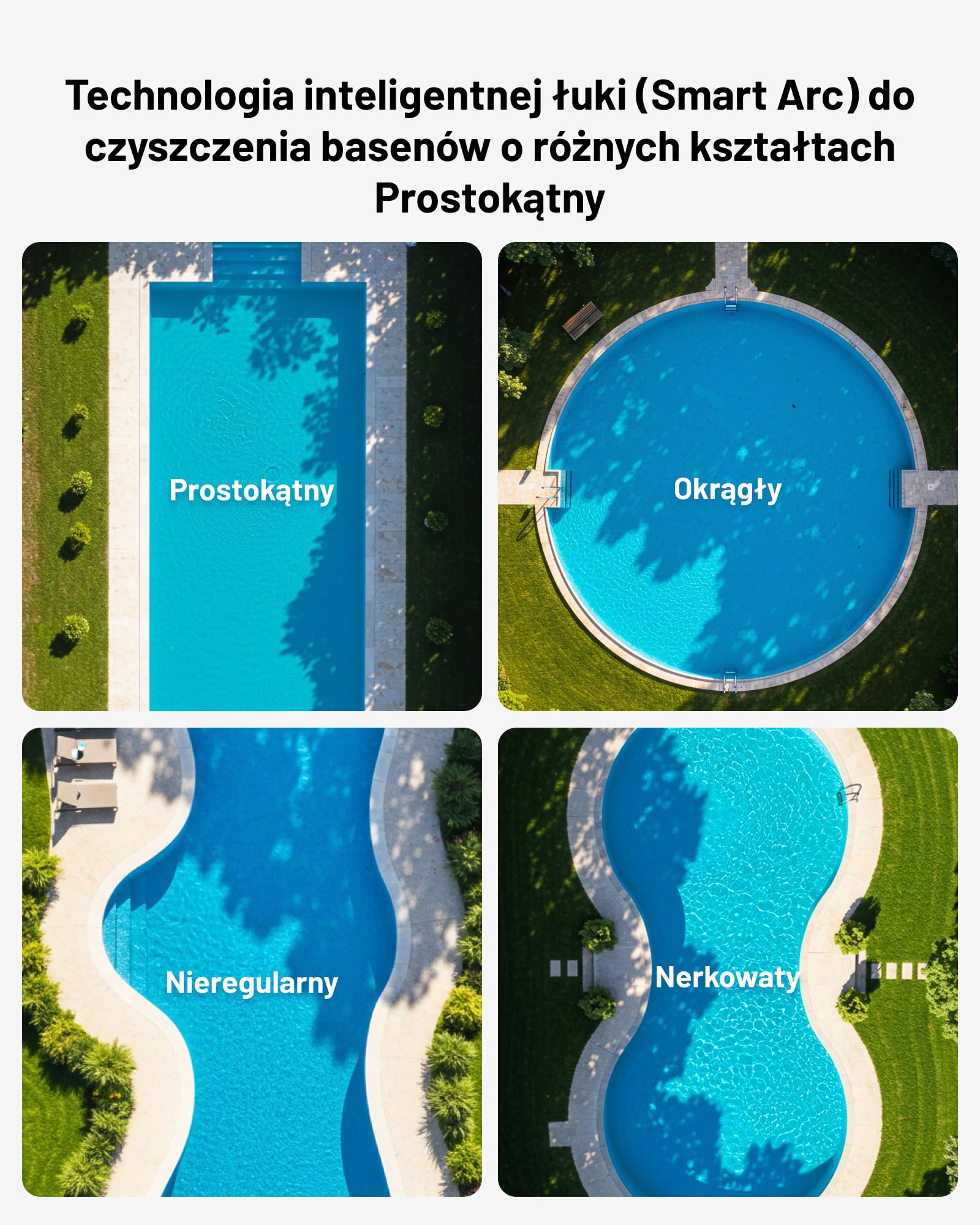 Bezprzewodowy robot basenowy SPINO E1, czas pracy 210 minut, wydajność 21950 l/h, 5 trybów pracy robota basenowego, czyszczenie ścian i linii wodnej, sterowanie aplikacją, ścieżka SmartArc