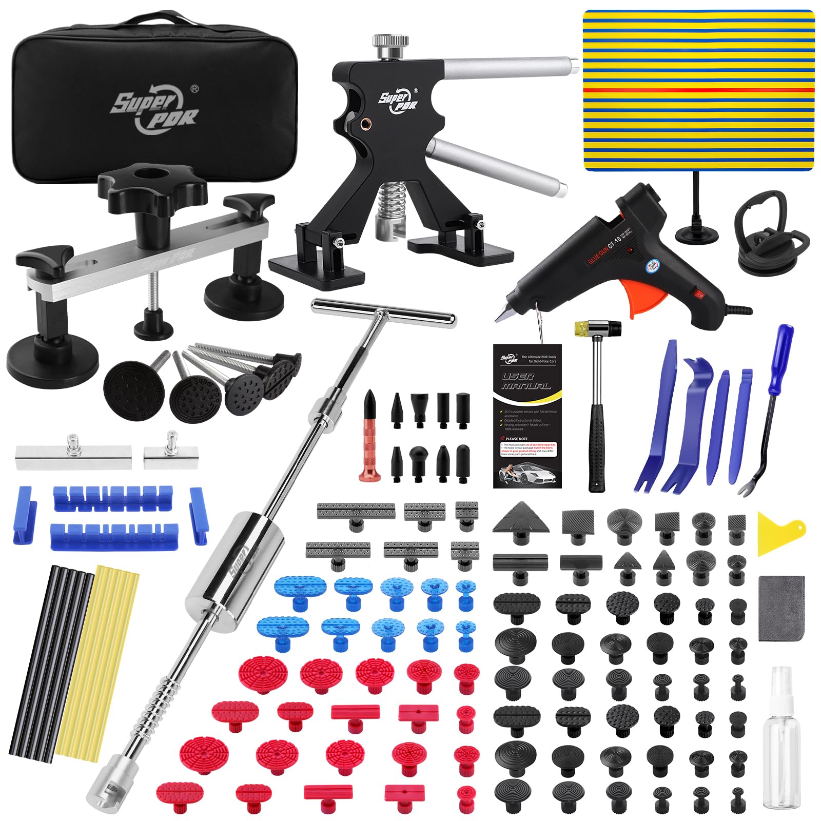 Super PDR Car Dent Puller Kit, Dent Remover Tool with High Adhesive Puller Tabs & Glue Sticks, 2-in-1 Slide Hammer T-bar, Dent Reflector Board, Paintless Dent Removal PDR Tools for Dent Repair