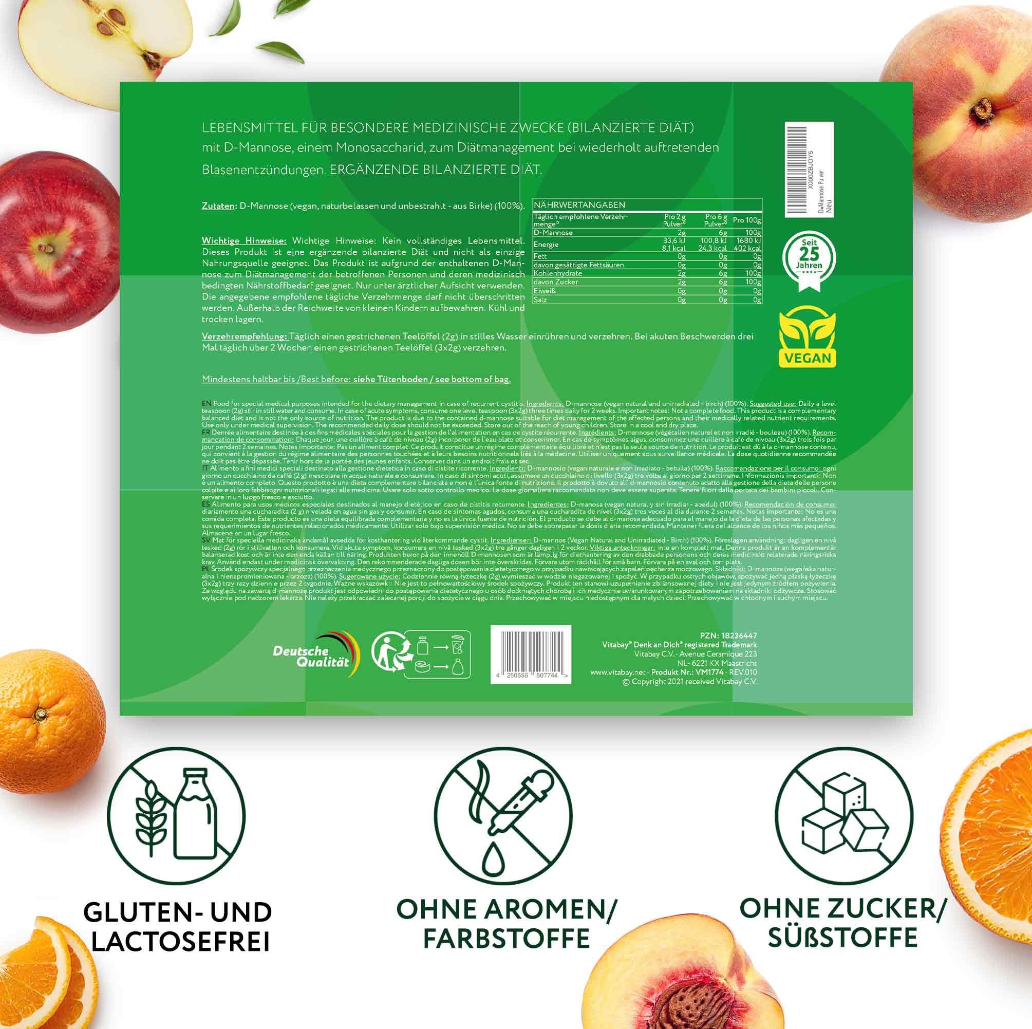Vitabay D-Mannose Pulver aus Birke – 200 g – 100% reines Pulver ohne Zusatzstoffe – natürlicher Birkenextrakt – vegan & laborgeprüft in Deutschland – Vorrat für ca. 3 Monate