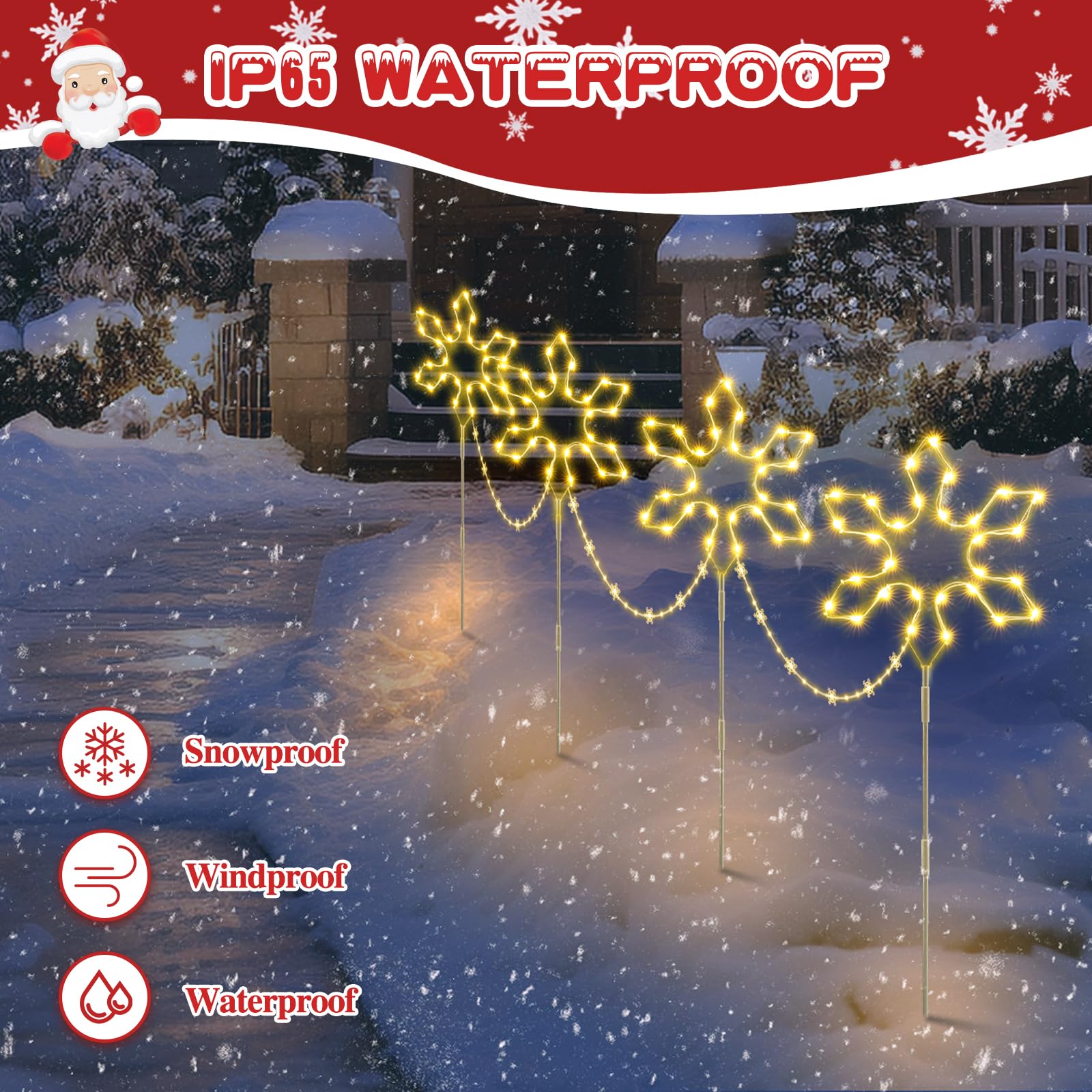 Quntis 176 LED Weihnachtsdeko Außen mit Erdspieß, 4 große Schneeflocken Gartendeko mit Timer, IP65 wasserdichte Weihnachtsbeleuchtung Outdoor Warmweiß, Strombetriebener Gartenstecker Hof Weg Balkon