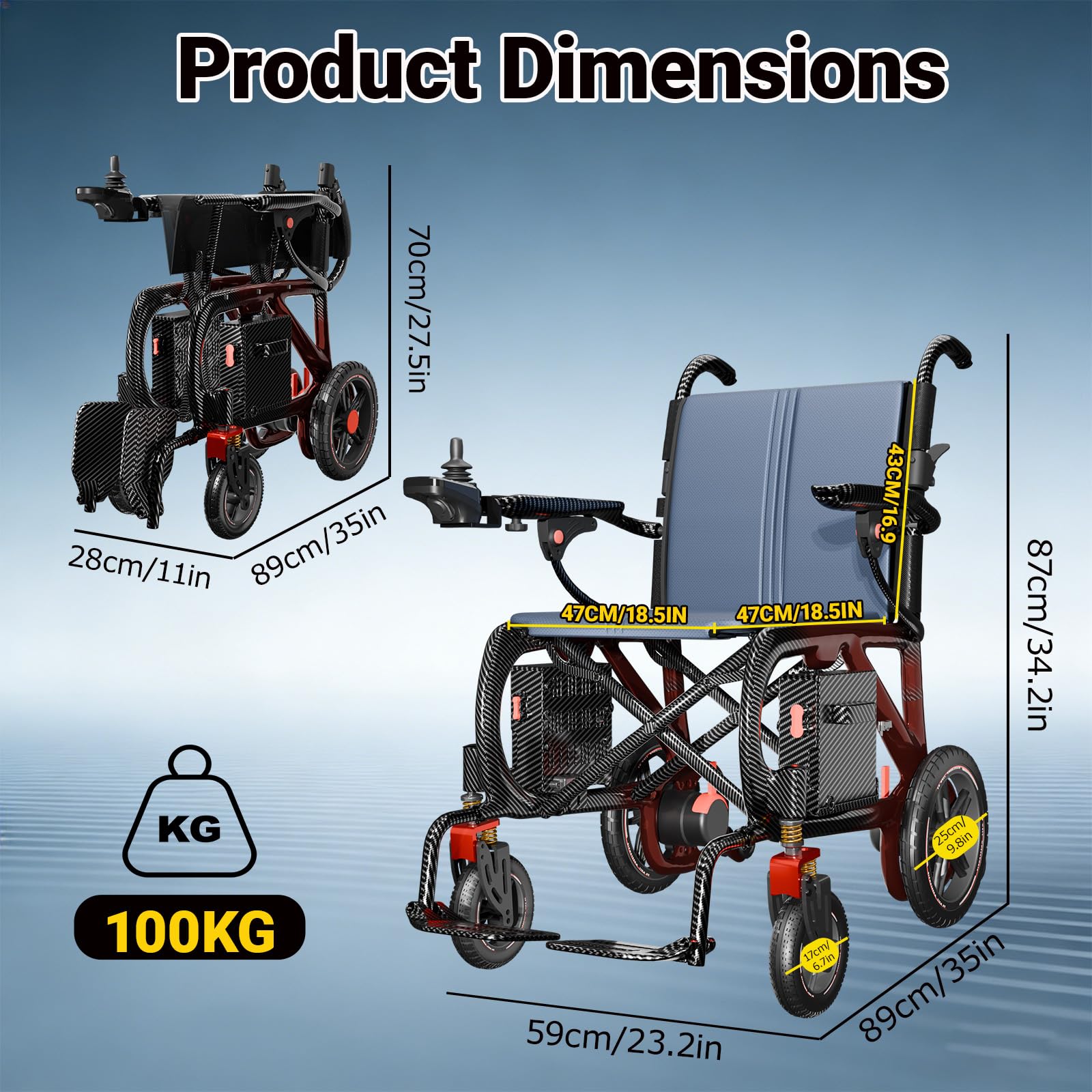 Ultraligera Carbono Fibra Silla de Ruedas Eléctrica Plegable para Adultos, 12 kg, Doble Batería de Litio 10Ah, Motor 400W, Luces, Autonomía de 30 km, Capacidad de 100 kg