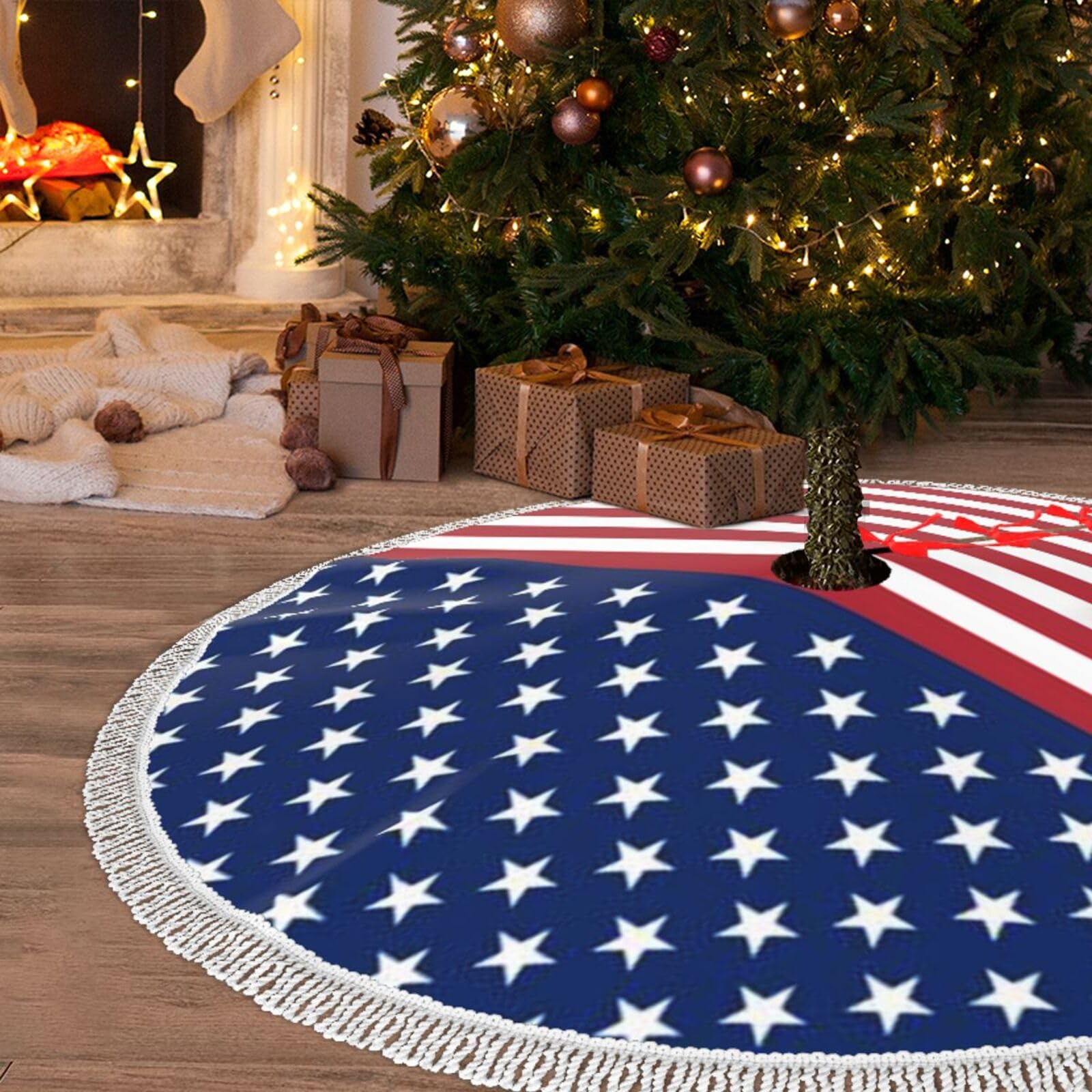Jupe de sapin de Noël rustique étoiles et rayures USA 121cm