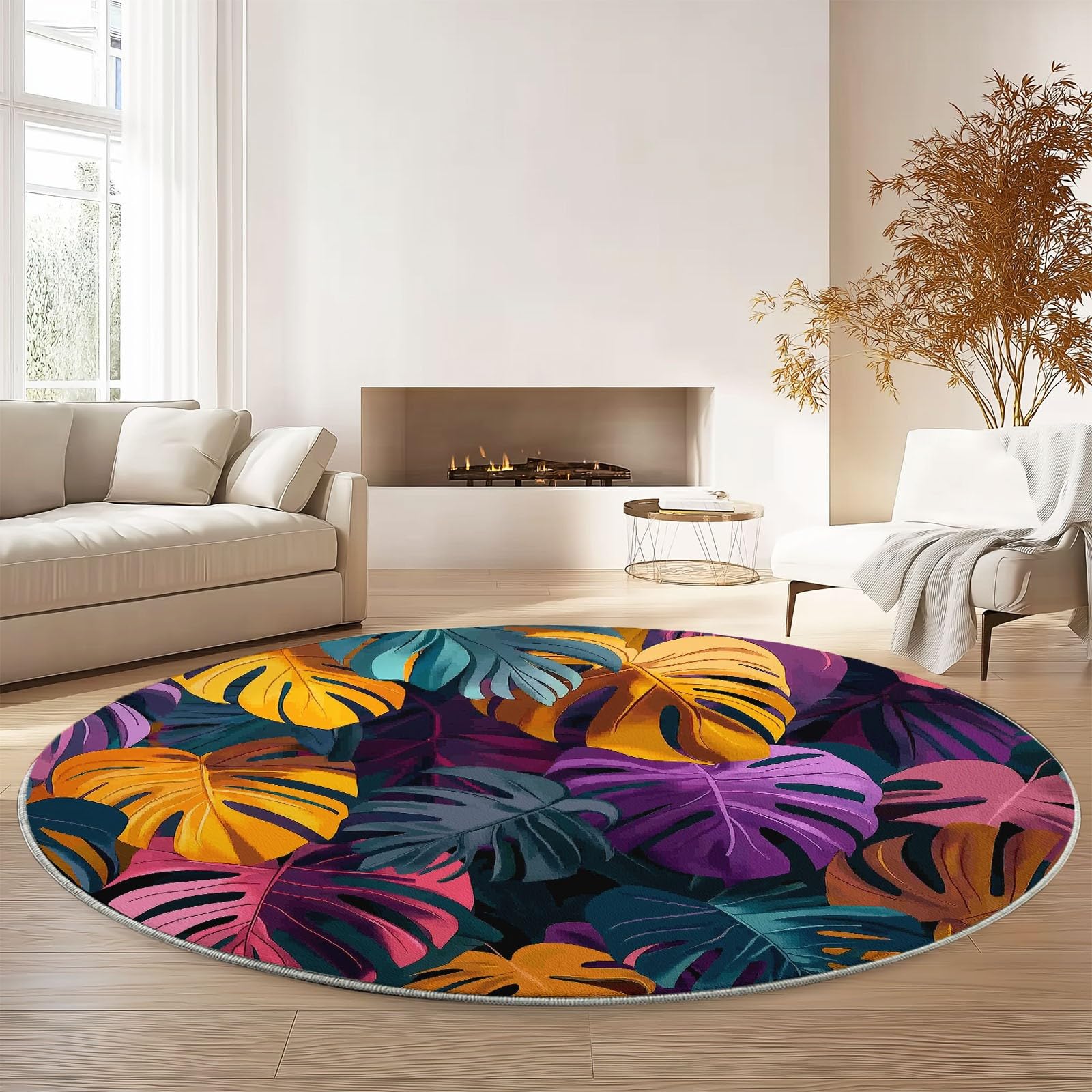 Generisch Teppiche für Wohnzimmer Rund, Abstrakte Tropische Blätter Drucken Teppich Schlafzimmer Groß Flanell Flauschig Weich rutschfest Fußmatte Waschbar für Kinderzimmer, Durchmesser 100 cm, Bunt