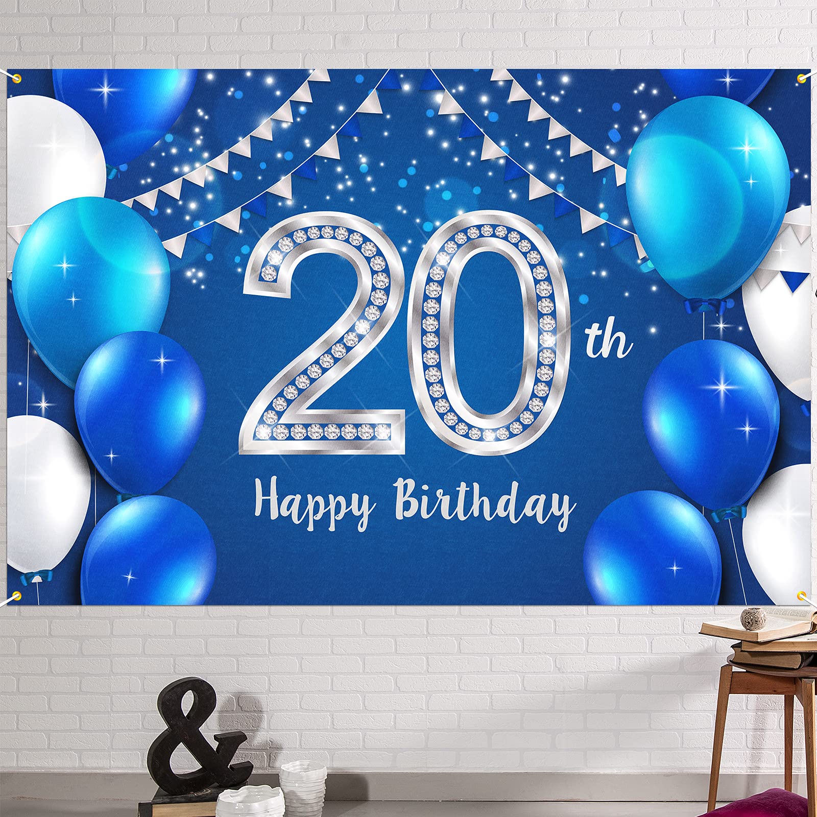 HAMIGAR 6x4ft Happy 20th Birthday Banner Backdrop - 20 Years Old Birthday Decorations Party Supplies for Women Men - Blue Silver