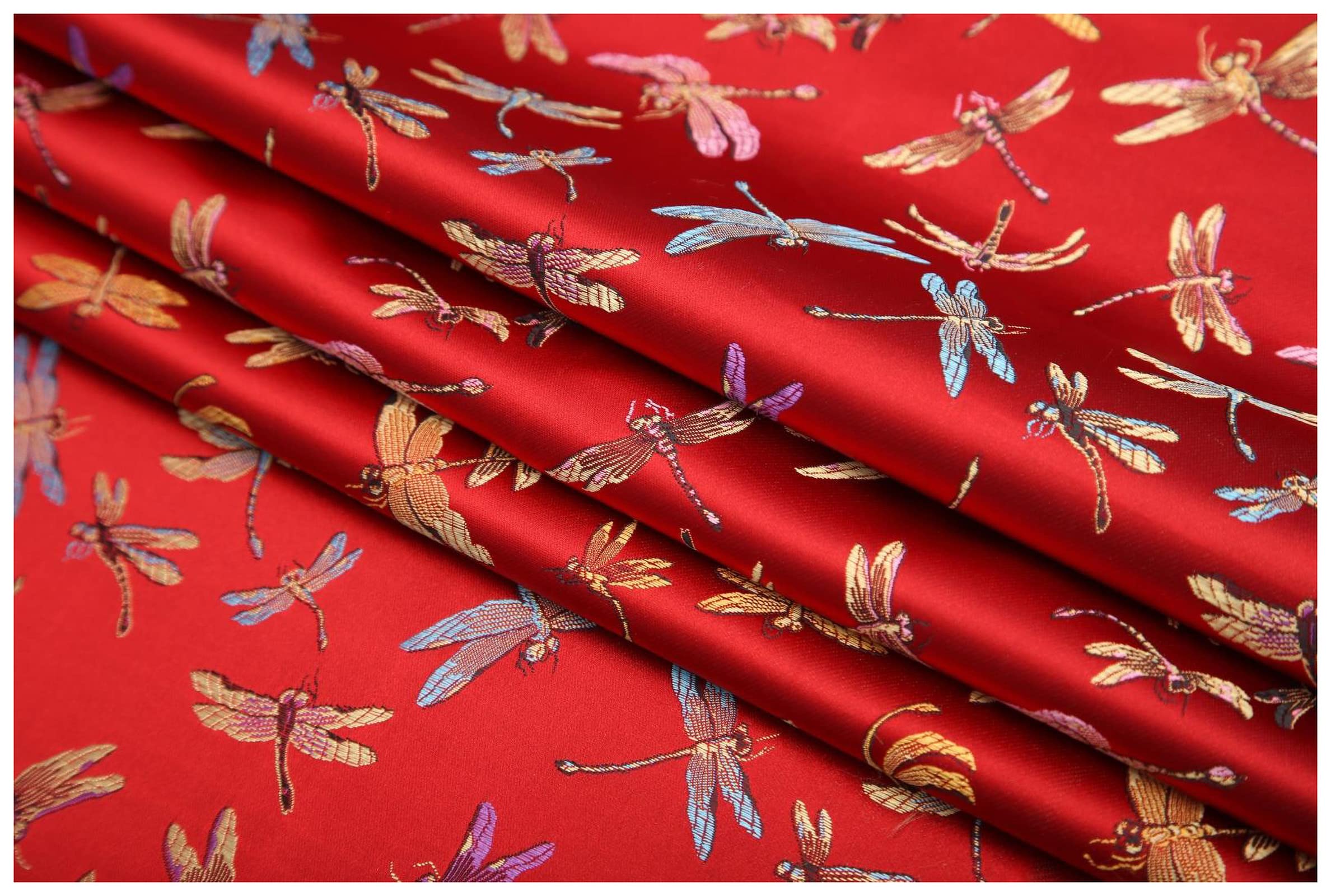 NAKAN Silky Dragonfly Jacquard Brocade Fabric 90cm Wide Sold By The Meter For Clothing Handmade Bags Cushion Cheongsam(Color:Pomegranate red)
