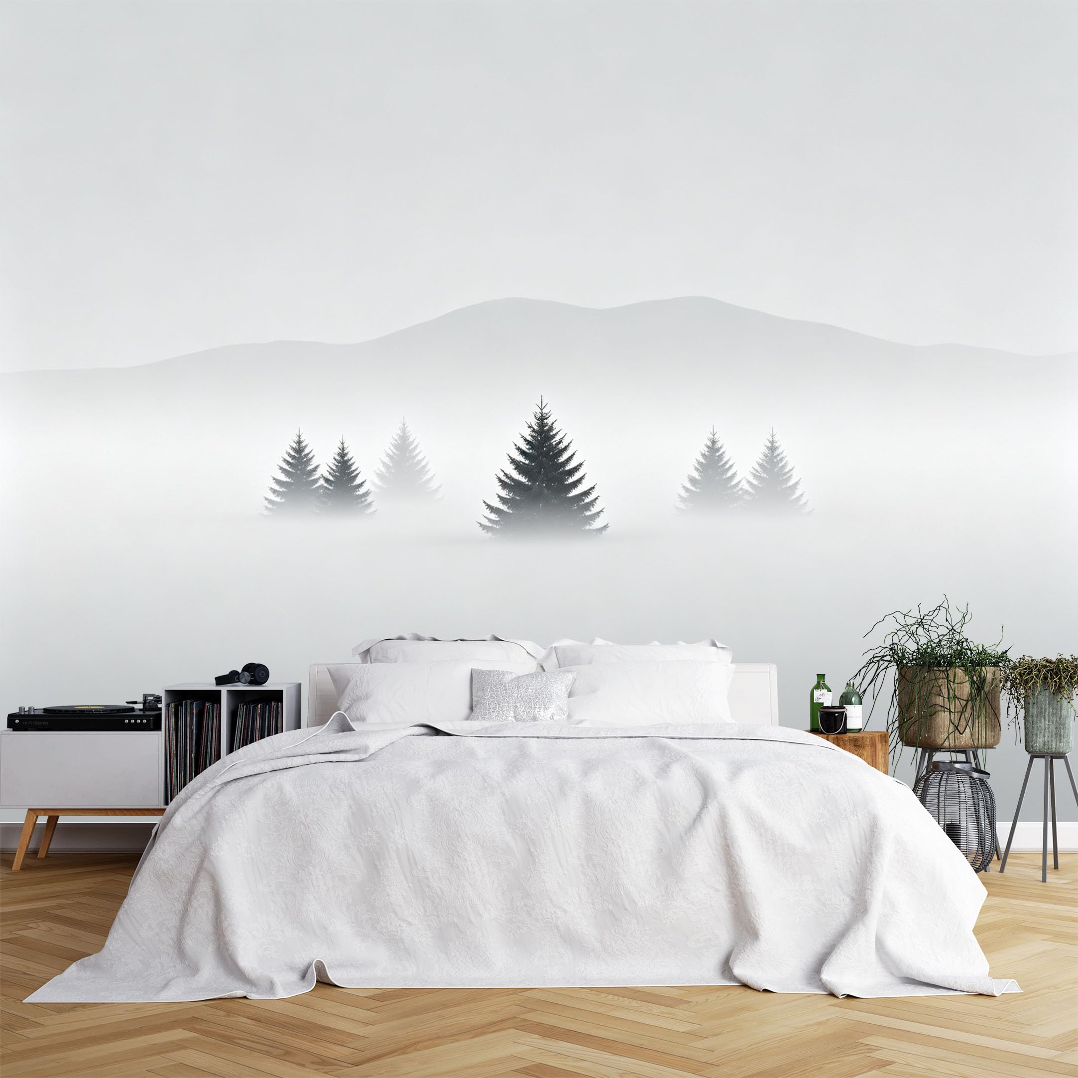Custom Size Wall Murals Misty Mountain Landscape with Pine Trees Wall Murals Minimalist Nature Wallpaper, Realistic Self-Adhesive Removable Wallpaper for Office Room
