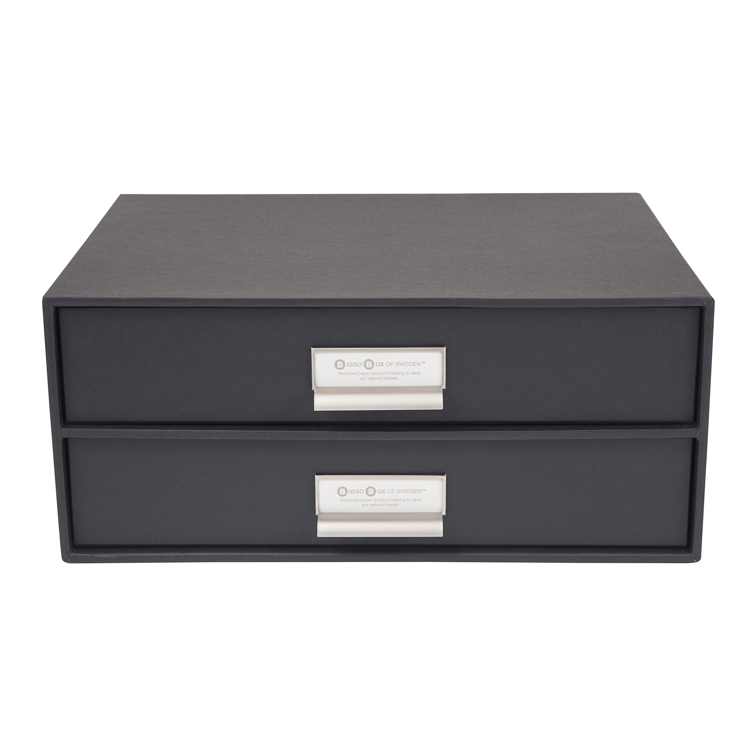 Bigso Box of SwedenDrawer Storage Box for Documents and Office Supplies - Desk Organiser with 2 Drawers - Fibreboard and Paper Filing System - Dark Grey