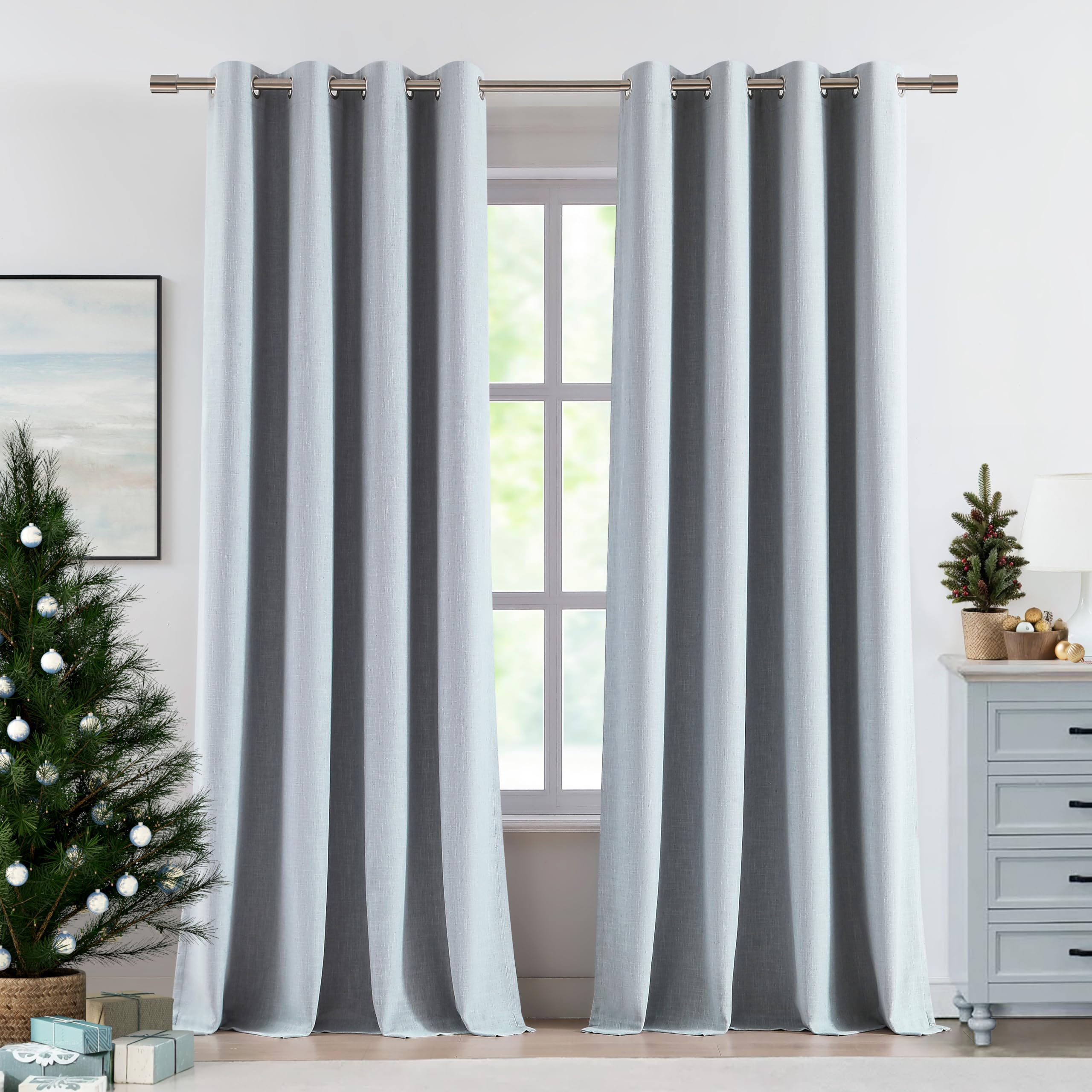 Vision HomeBlue Fog Linen Full Blackout Curtains Grommet Total Room Darkening Window Curtains 95 inches Long for Bedroom Living Room Thermal Insulated Rustic Linen Drapes 2 Panels 58"Wx95"L,Mist Gray