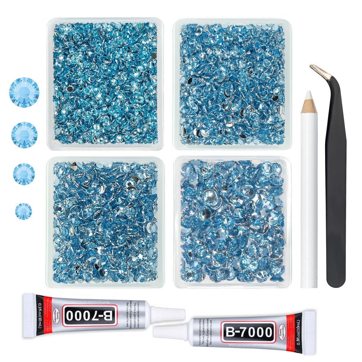 qiipii Light Blue Crystal Resin Rhinestones w B7000 Jewelry Glue for Bedazzling Crafting Sky Blue Flatback Stones 3mm 4mm 5mm 6mm Diamonds Crystals