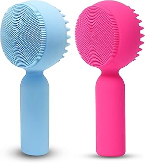 2 PC Silicone Facial Cleansing Brush 2 in 1 Facial Scrubber Manual Exfoliating Facial Brush Face Cleanser Face Exfoliator Ultrafine Bristles for Sensitive Skin Easy to Clean Lather Well(Blue&Rosered)
