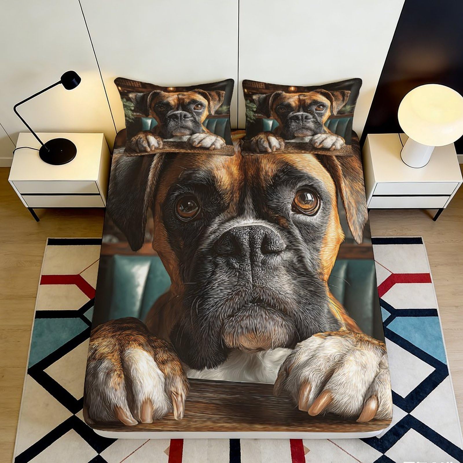 3D Printed Boxer Dog Fitted Sheet Microfiber Soft Breathable Pet Portrait Bed Cover for Bedroom Dorm Decor 90x200x25cm