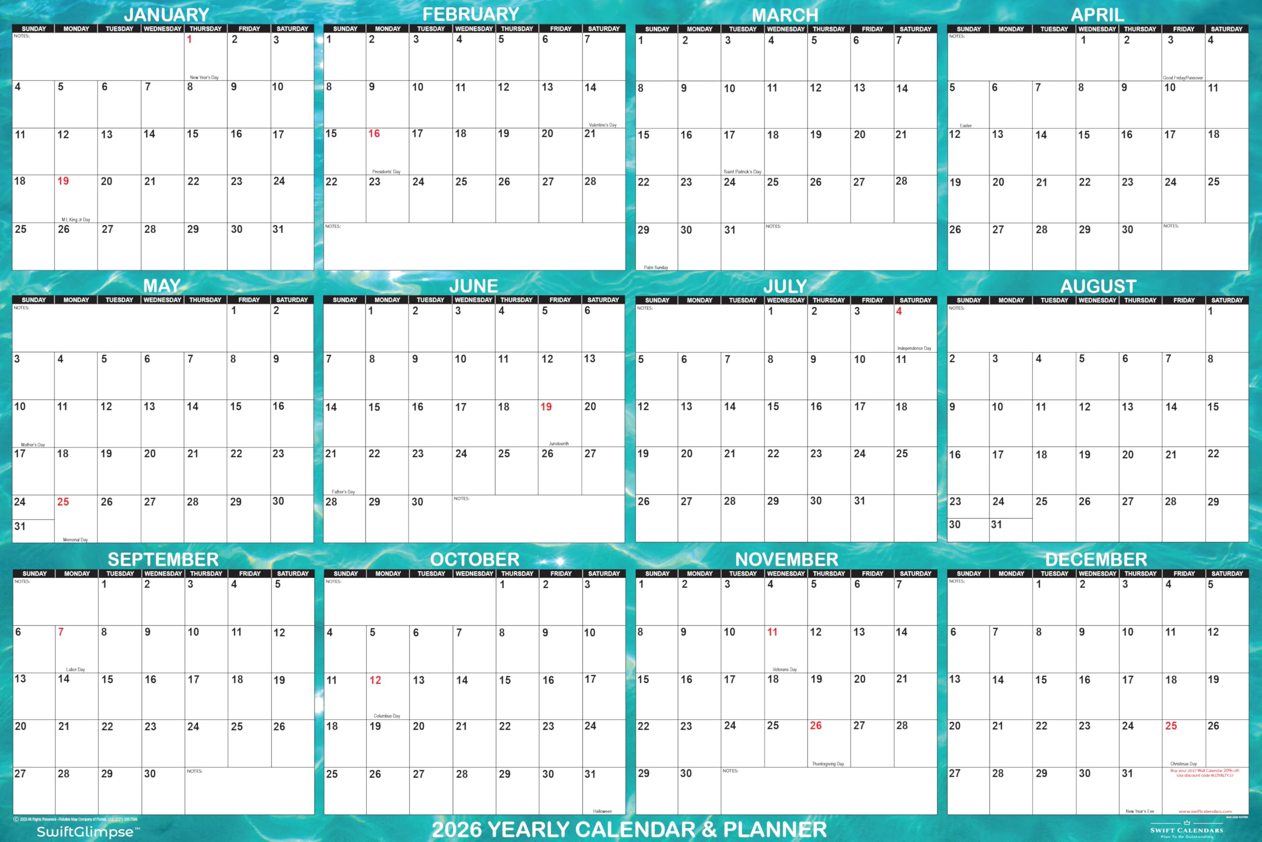 SwiftGlimpse 2026 Wall Calendar, 24" x 36" Designer Series, Large, Erasable, Yearly Wall Planner (Cool Water)