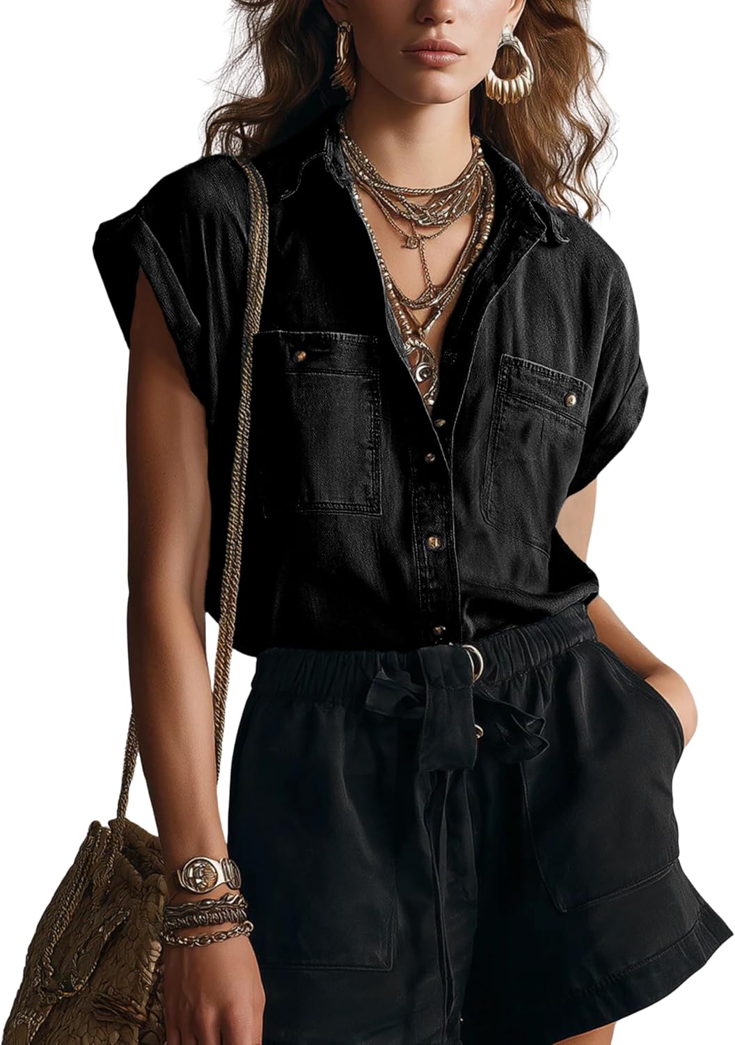 Omoone Womens Denim Shirt Casual Summer Button Up Short Sleeve Western Chambray Shirts Jean Blouse Top