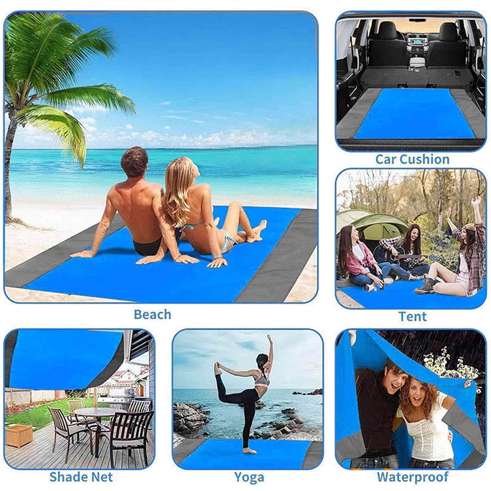 Coperta da Spiaggia Impermeabile 210 x 200 cm Antisabbia Telo Spiaggia Grande Campeggio Picnic Blu