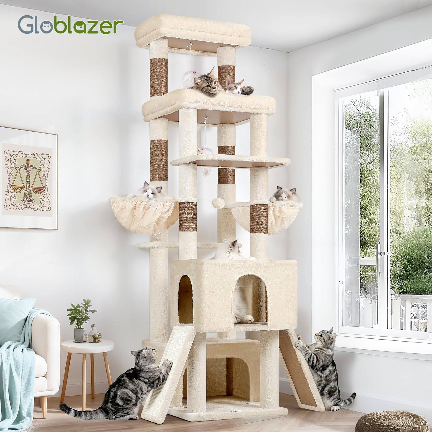 Globlazer Árbol Rascador Beige XXL Alto 200 cm con 2 Grandes Nidos, 2 Grande Plataformas, 2 Tabla Rascar Sisal, 2 Cesta, Estable Árbol Torre para Grande Gato 3-5 Adulto Gatos Más de 7 kg (Z78, Beige)