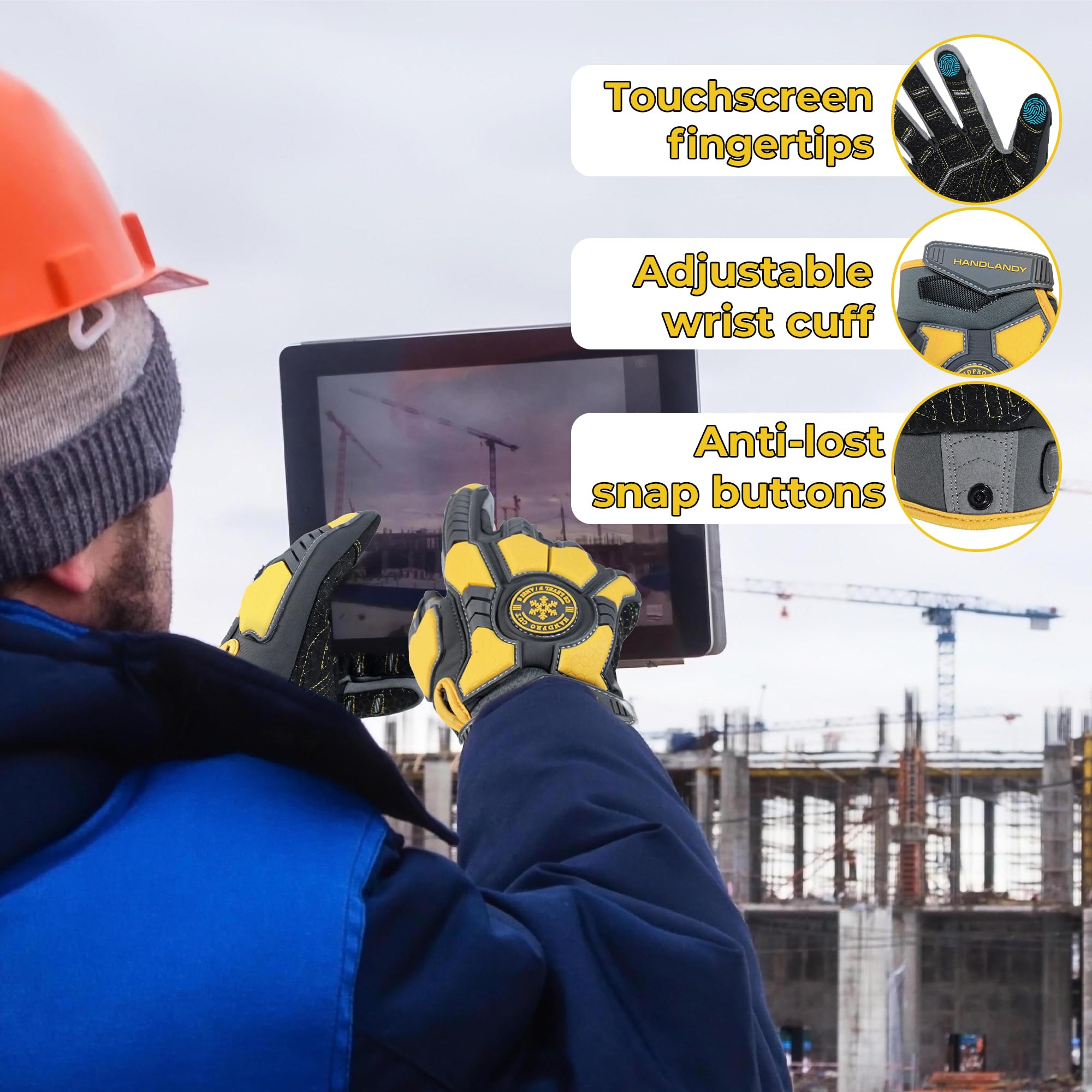 HANDLANDY Gants de travail d'hiver résistants aux coupures pour homme, gants de travail rembourrés à isolation thermique et très résistants aux chocs pour temps froid (jaune isolé, taille XL)